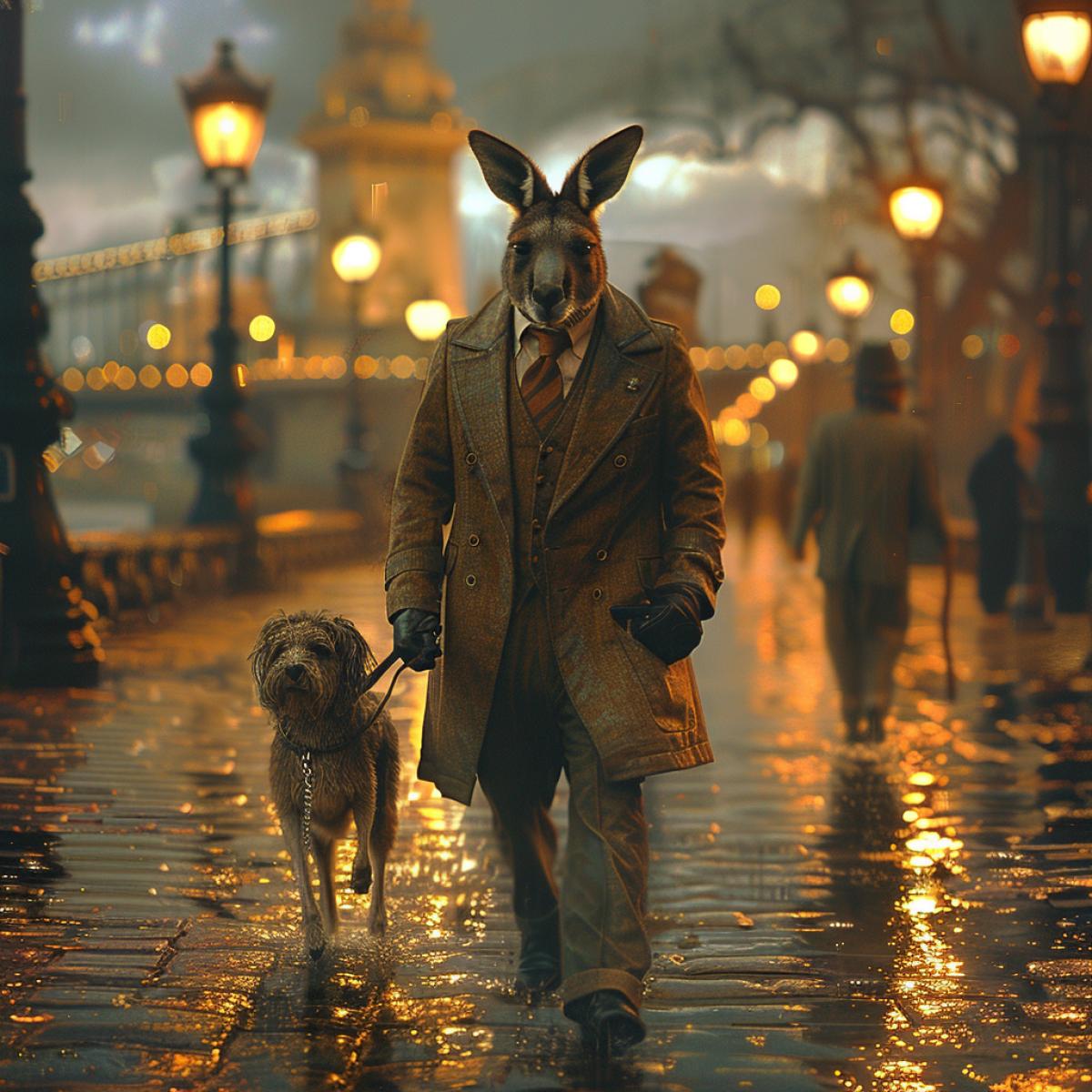 Summer evening, seaside embankment, a kangaroo in an elite summer suit, with a cigar, walks along the embankment leading a dog on a leash.. Natural lighting, subdued, high detail, high photo realism, low angle, mirror camera lens