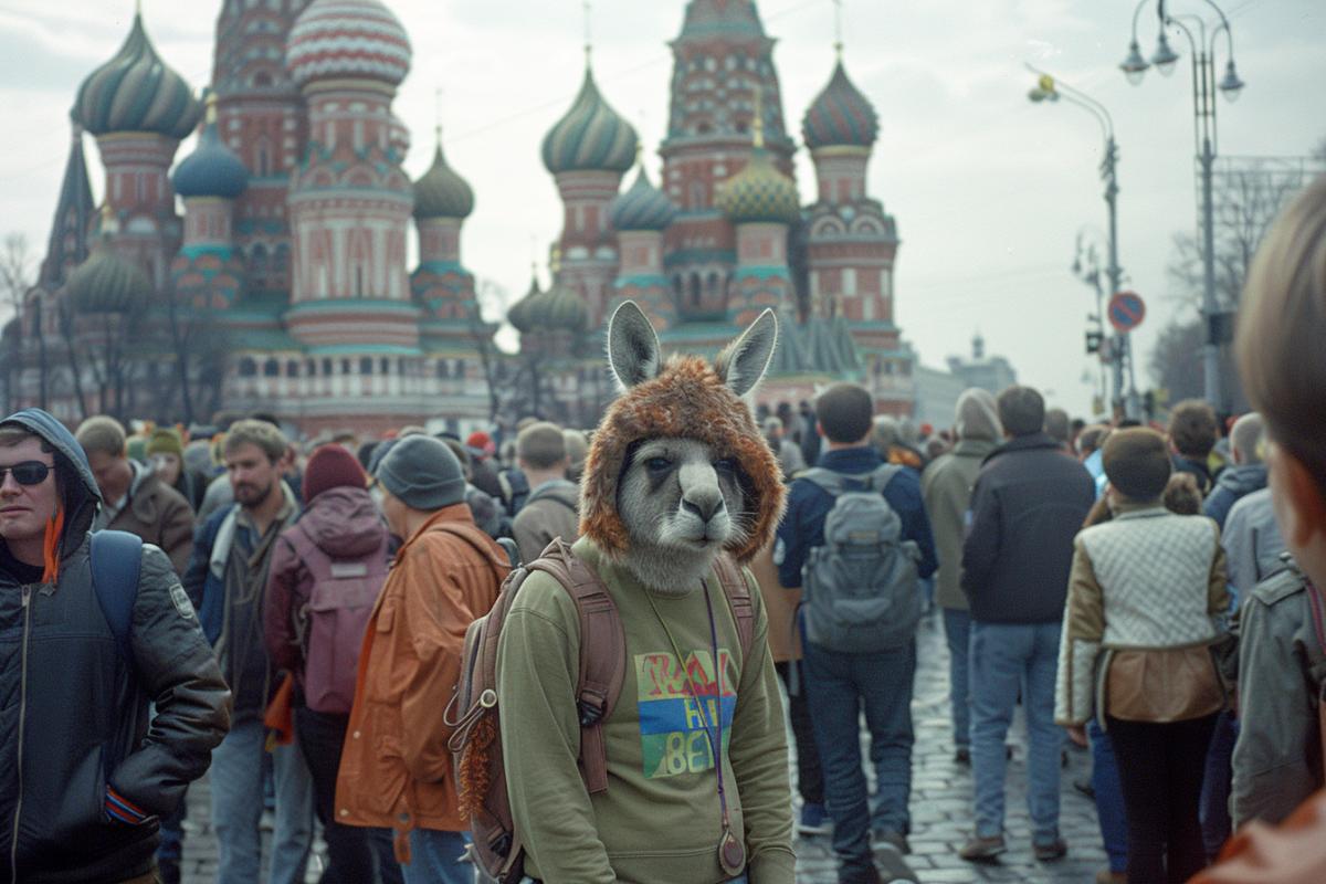 Photo of a kangaroo with a fur hat on his head, Moscows Red Square in the background, crowd around him, wearing a green T-shirt, smiling, on a winter day, in Tarkovsky Polaroid style.