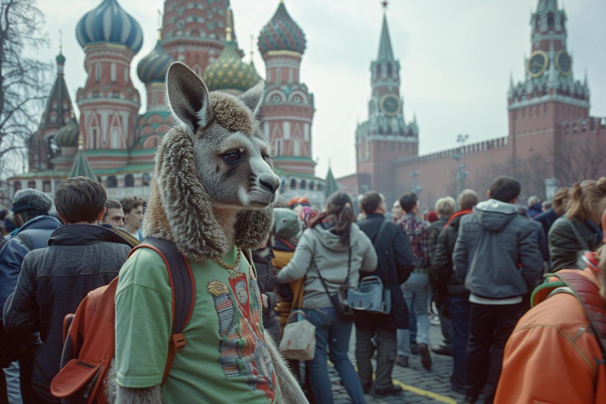 Photo of a kangaroo with a fur hat on his head, Moscows Red Square in the background, crowd around him, wearing a green T-shirt, smiling, on a winter day, in Tarkovsky Polaroid style.