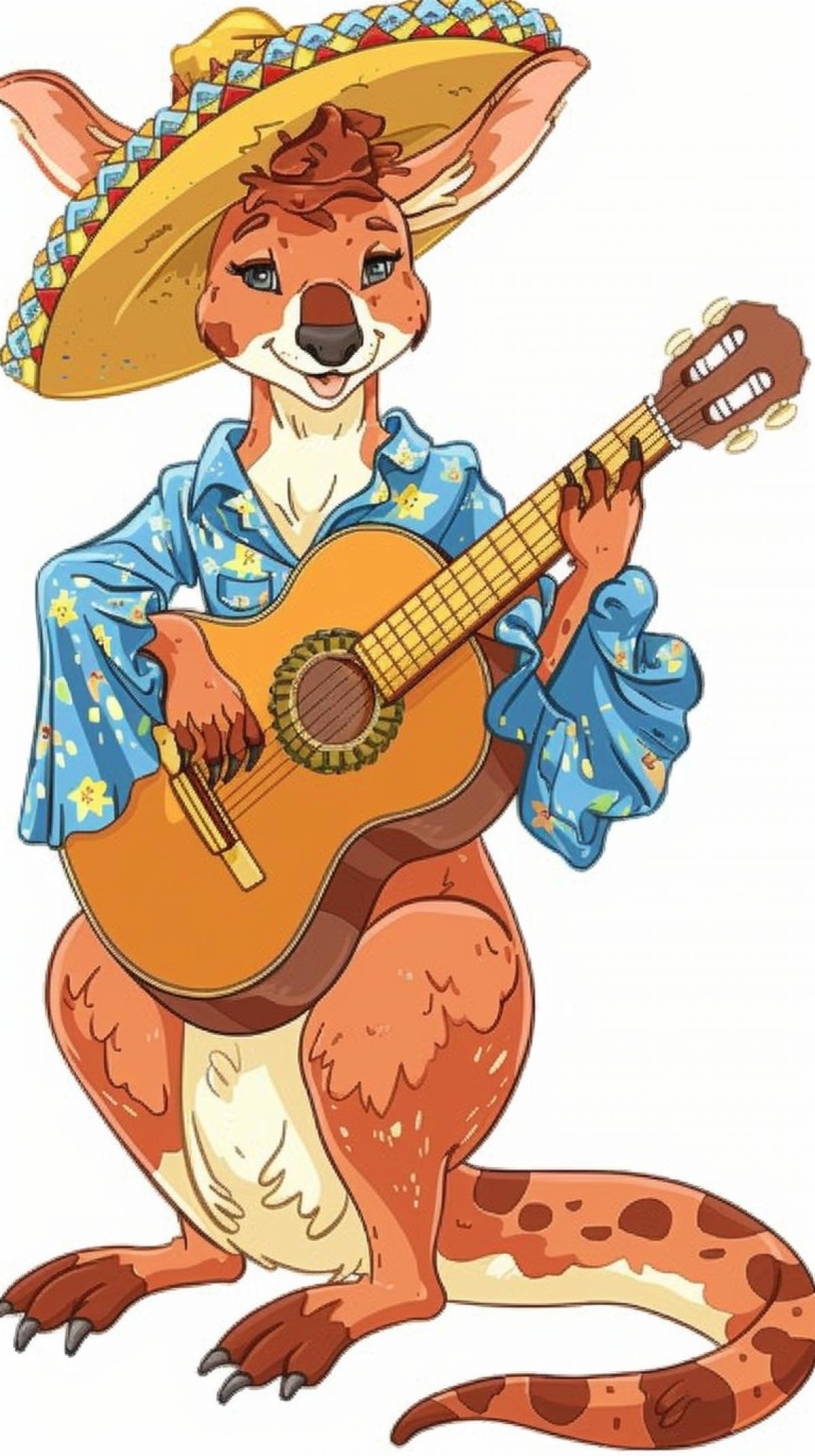 macho kangaroo in a sombrero with a guitar in his paws
