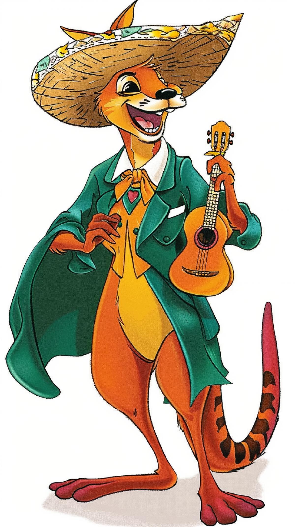 macho kangaroo in a sombrero with a guitar in his paws