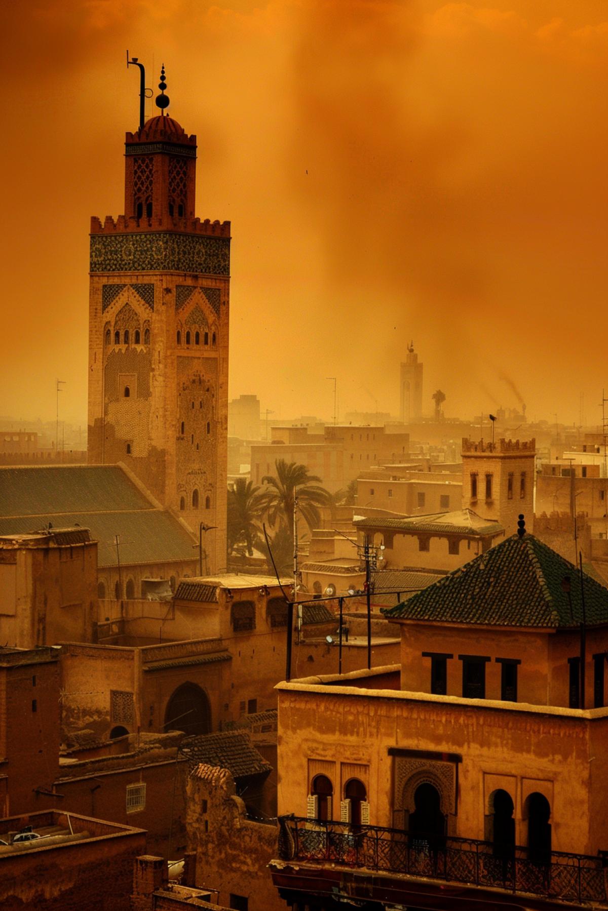 The old city of Marrakech during a sandstorm. Aerial photo.