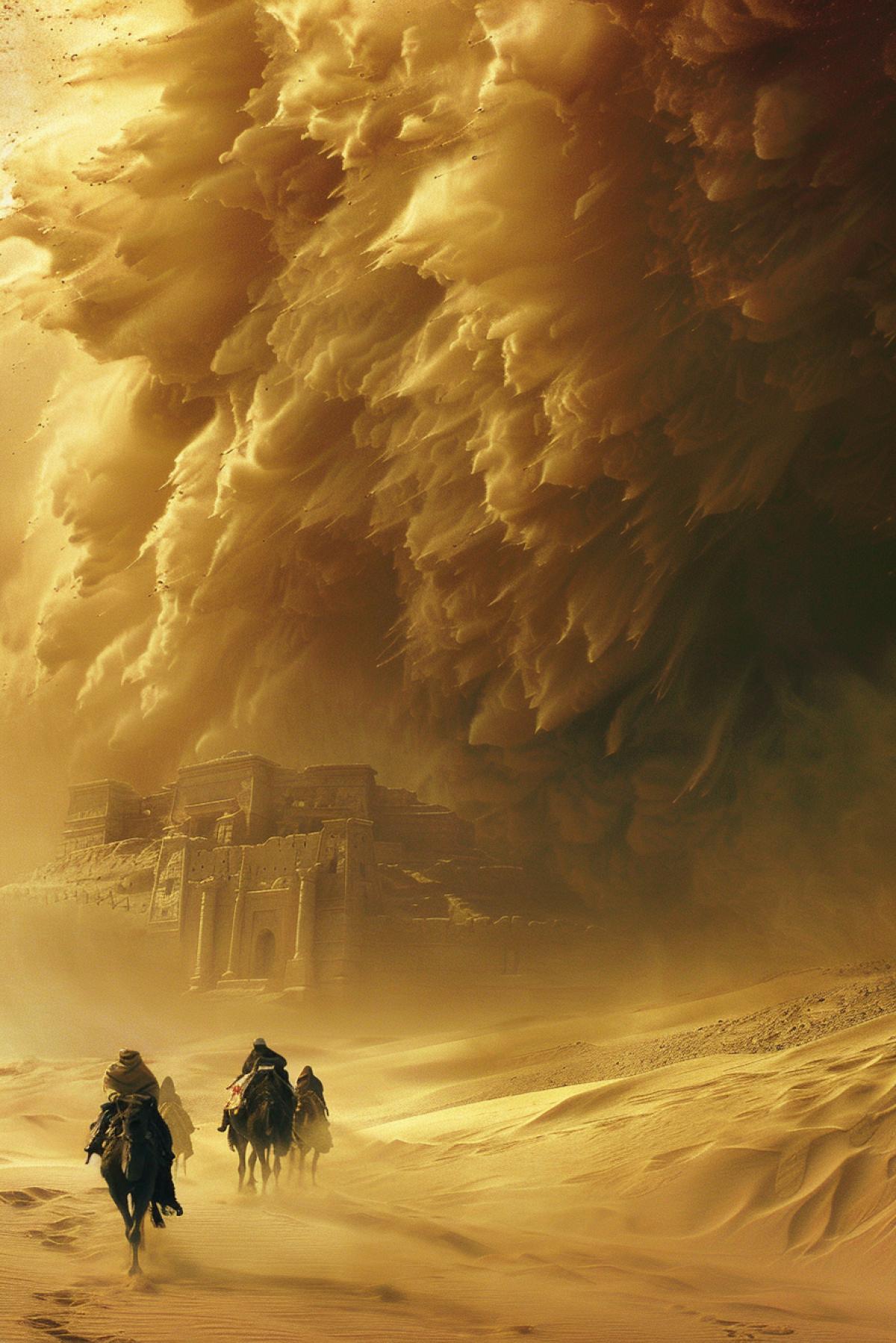 Sandstorm in the desert, the wind raises dense clouds of sand, blocking the sun, creating an apocalyptic atmosphere, a camel caravan struggles with powerful currents of sand, the outline of ancient ruins in the distance, an oasis luxuryly visible through the shroud, sand dunes, silhouettes of people in traditional clothing, dramatic lighting, harsh and epic facial expressions, movement dynamics, textures of sand and wind waves, golden brown color palette.