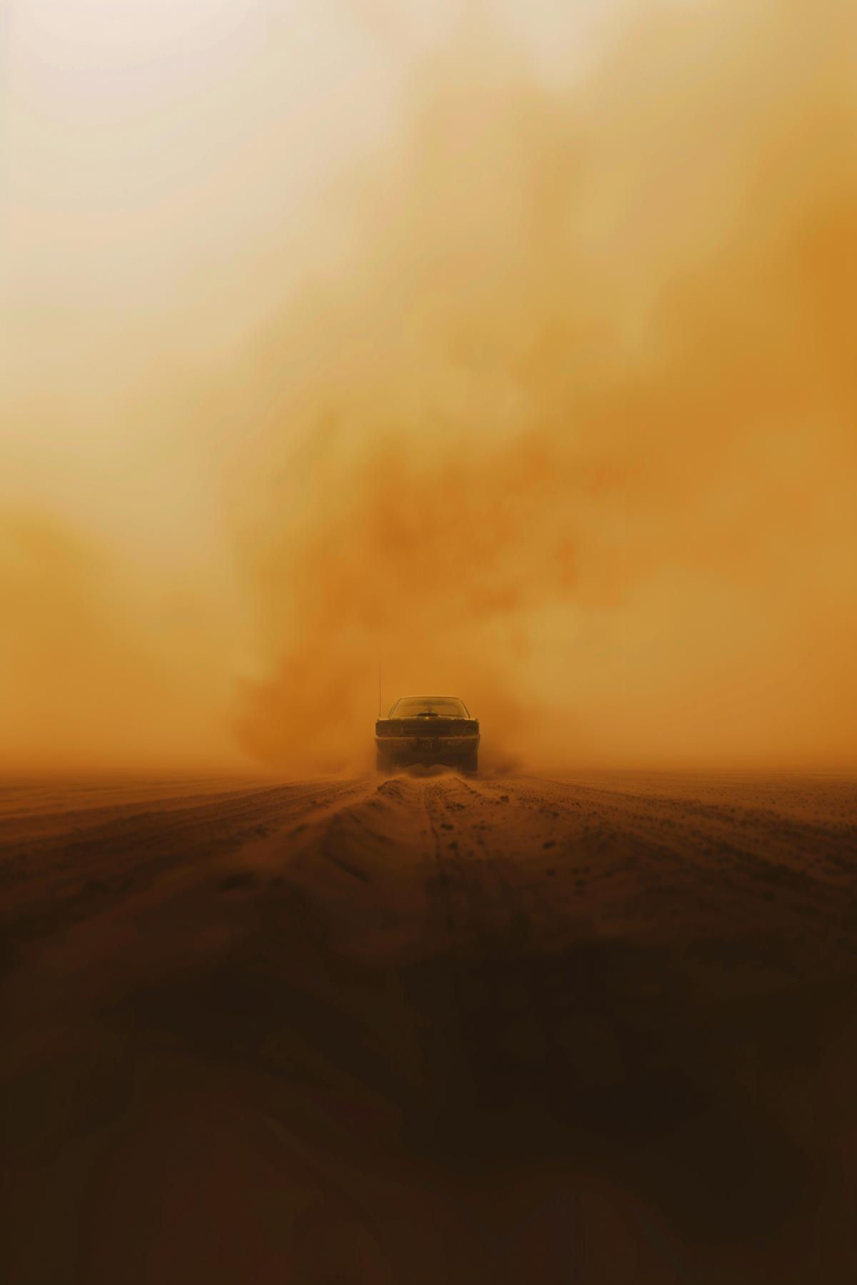 A man in a car drives away from a sandstorm, in the style of the movie Mad Max, flickering, realistic image