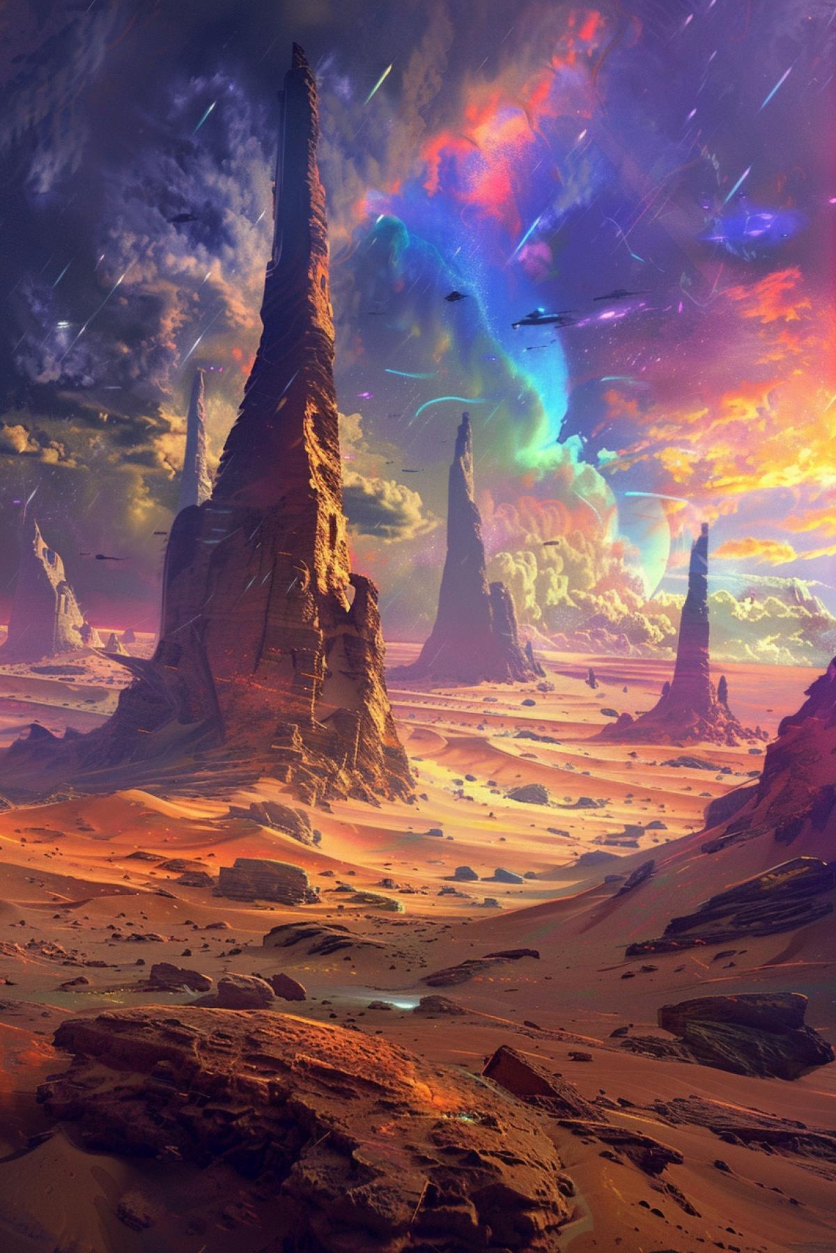 A sandstorm in a fantasy world, strange, alien landscapes, rocks of unusual shapes, the ruins of an ancient civilization, a strong wind lifts multi-colored sand, creating colorful swirls, high sand pillars, silhouettes of strange creatures fighting the storm, flying ships in the distance, light effects through a veil of sand, futuristic elements, bright and saturated colors, atmospheric perspectives and deep sharpness.