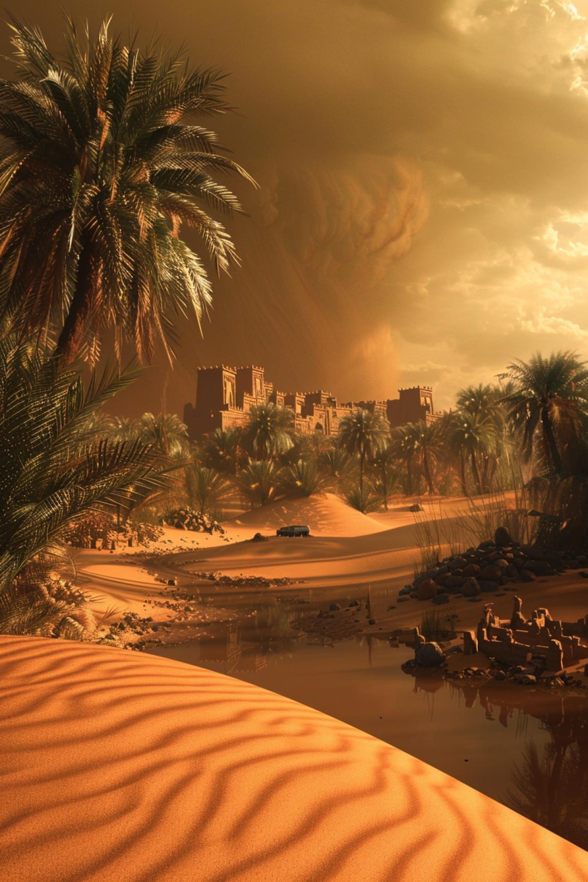 An oasis in the center of a sandstorm, palm trees and a small pond are surrounded by seething sand, chaotic wind currents, shadows and light penetrate through a thick veil, creating a gloomy but fascinating atmosphere, figures of nomads in the distance, hiding behind the dunes, ancient artifacts half-buried in the sand, sand waves, the dynamic interaction of elements, the power of nature, the contrasts between the calm of the oasis and the storm around.