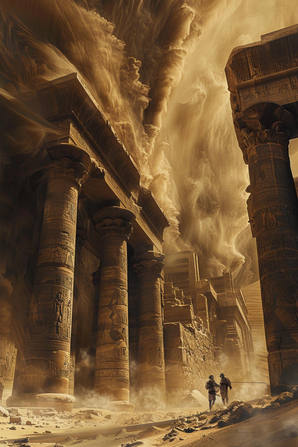 Ancient ruins in the desert, surrounded by a raging sandstorm, massive columns and arches, dilapidated walls, the wind tears sand from them, creating the effect of ancient frescoes, figures of archaeologists fighting the storm, goggles and scarves, variety of textures, dramatic lighting, contrast between ruins and the fury of nature, a rich color palette, the power and beauty of a sandstorm, the atmospheric depth of the scene.