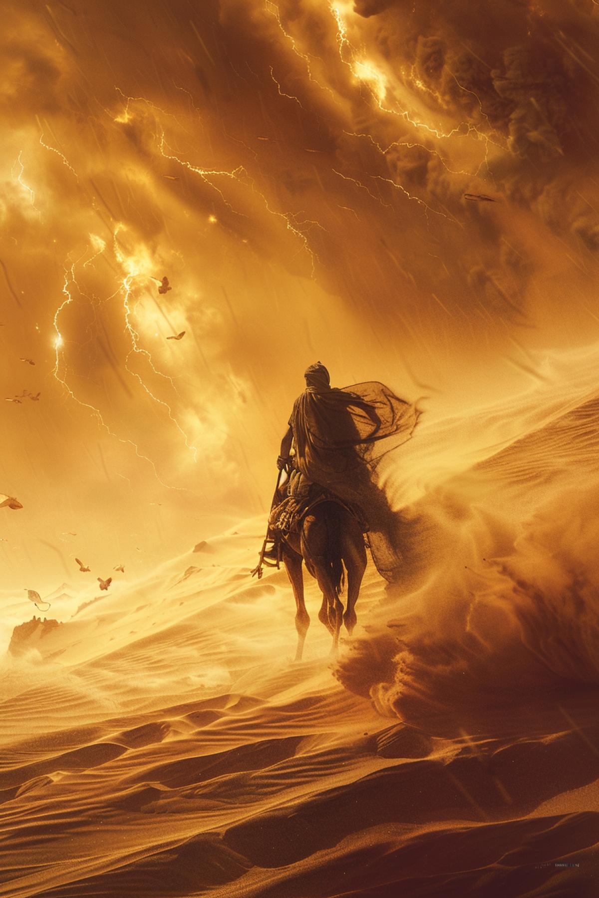 A sandstorm over the desert, a hurricane wind lifts tons of sand, the sky is clouded with a thick veil, complete darkness and chaos, the figure of a lonely nomad with a fluttering cloak, ly gripping a camel by the reins, the wind tears the scarf from his face, luxury determination and fear, destroyed dunes in the distance, scraps of tents and equipment flying in the air, dramatic lighting with minimal glimpses of light, textures of sand and swirls, the power and ruthlessness of nature, tension and the struggle for survival, dominant golden brown shades, the effect of movement and dynamics of the scene.