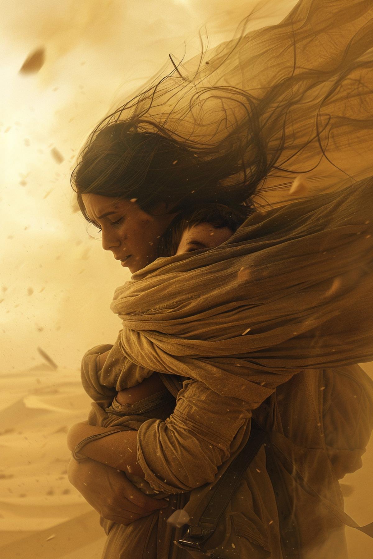 A sandstorm over the desert, a hurricane wind lifts tons of sand, the sky is clouded with a thick veil, a woman holds a child ly in her arms, protecting him from the elements, their figures are in torn clothes, the woman’s scarf flutters in the wind, her face expresses determination and fear, destroyed dunes in the distance , pieces of tents and equipment flying in the air, dramatic lighting with minimal glimpses of light, textures of sand and swirls, the power and ruthlessness of nature, tension and the struggle for survival, dominant golden brown shades, the effect of movement and dynamics of the scene.