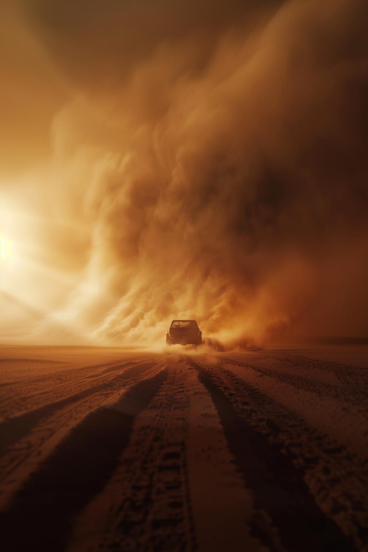 A man in a car drives away from a sandstorm, in the style of the movie Mad Max, flickering, realistic image