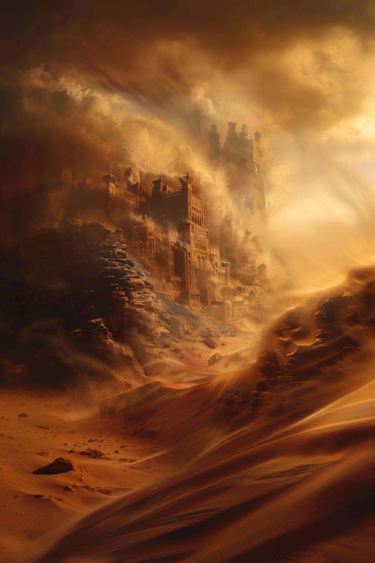 Agrabah city, sandstorm, mad max movie style, flickering, realistic image