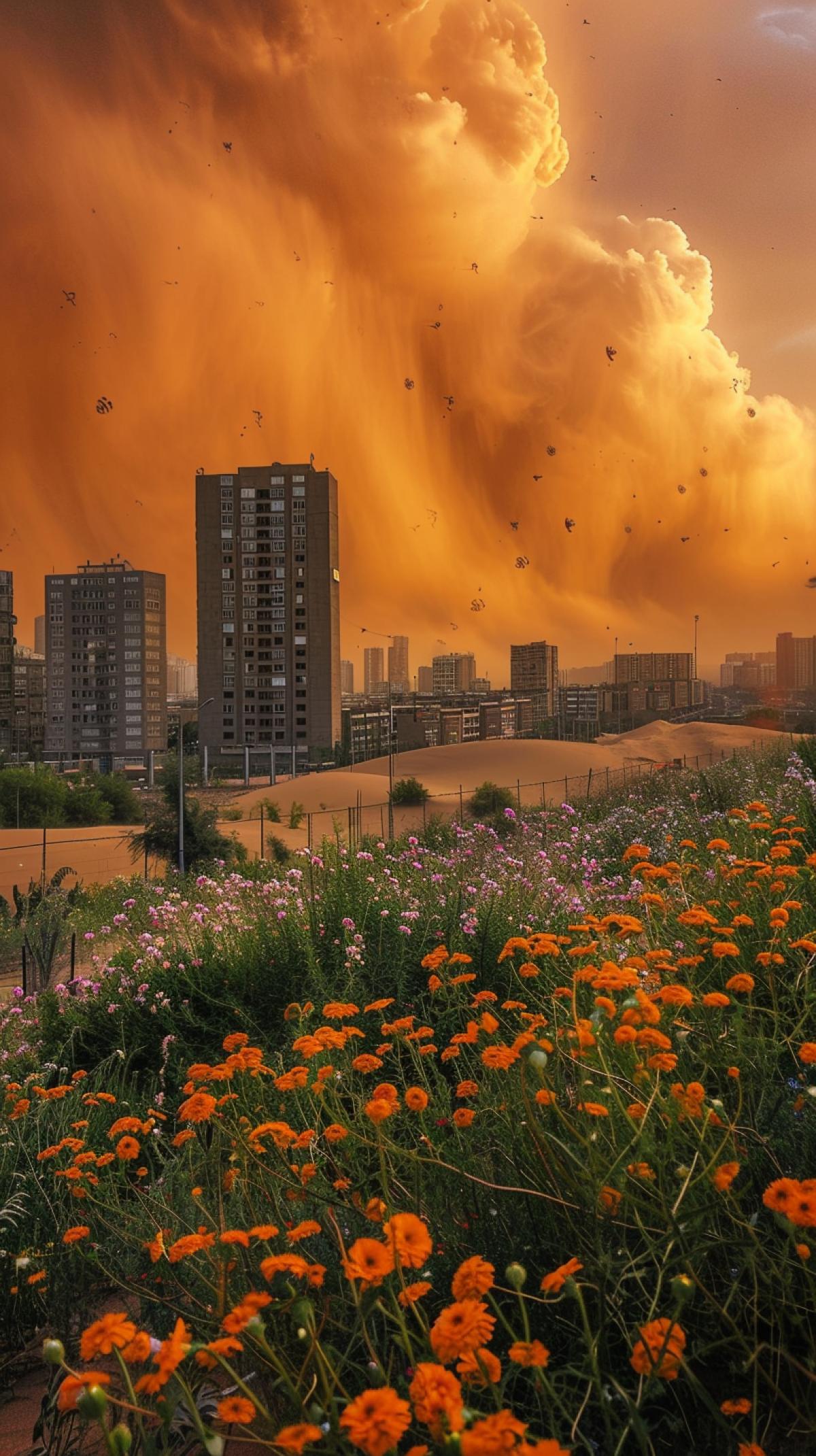 sandstorm-hurricane approaching the city in flowers