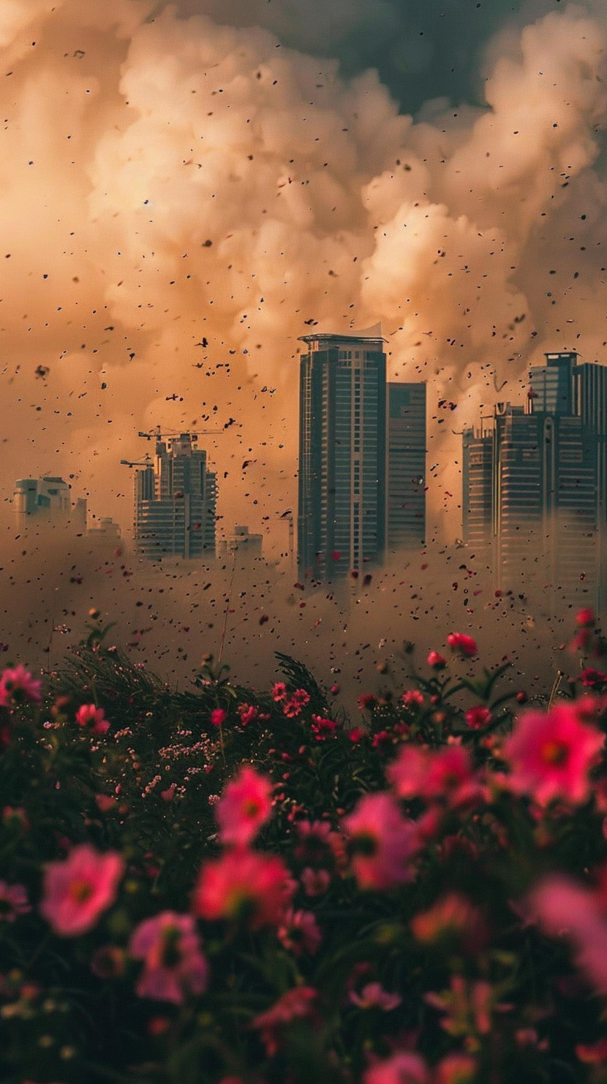 sandstorm-hurricane approaching the city in flowers
