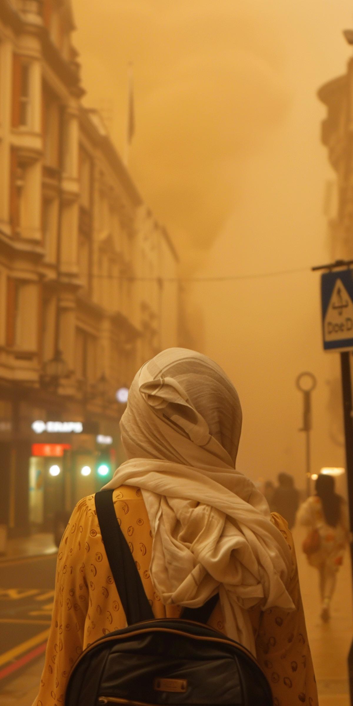 An impending sandstorm in London, bright lighting, a girl in a white headscarf in the background