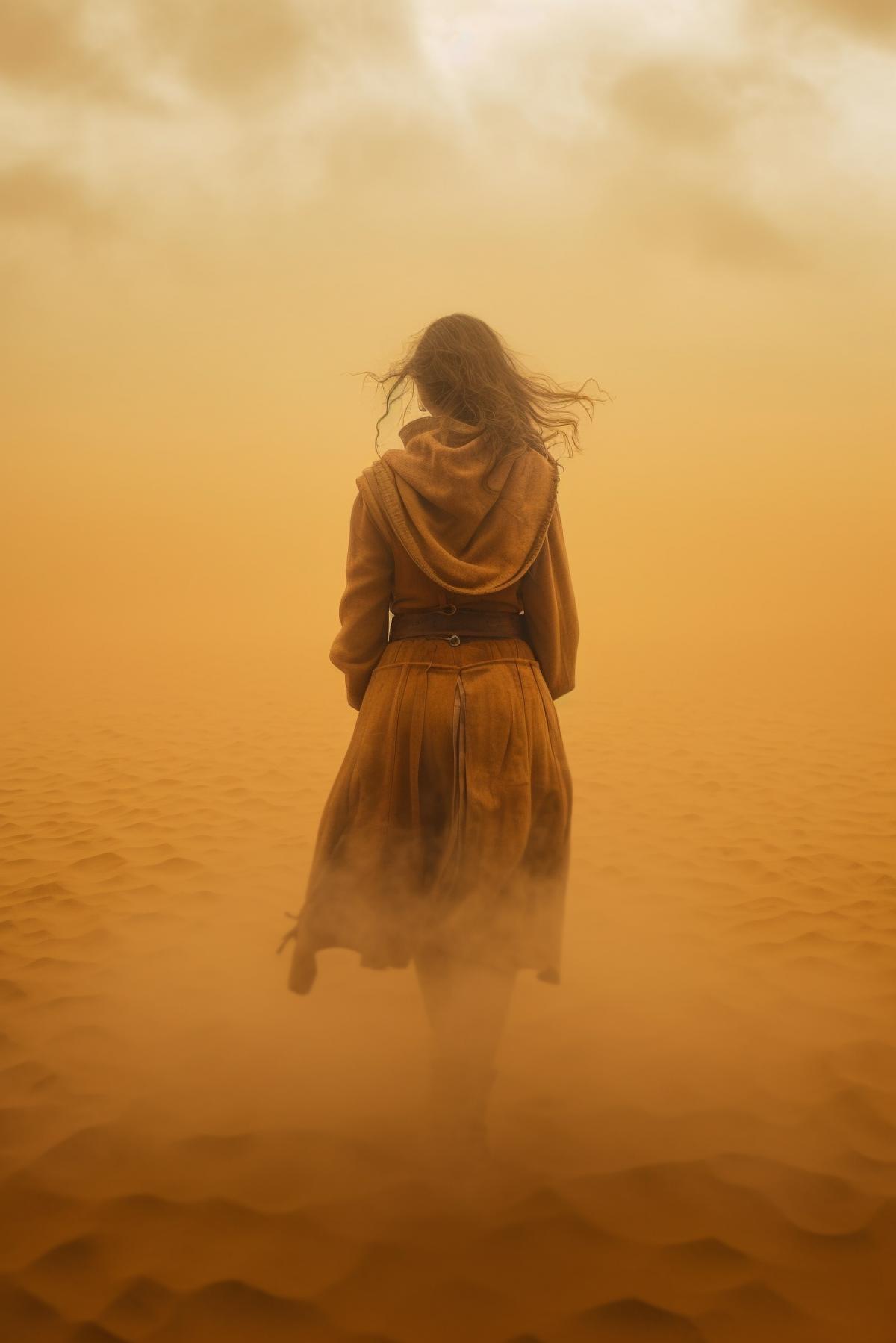 There is a girl standing in the desert, there is a sandstorm