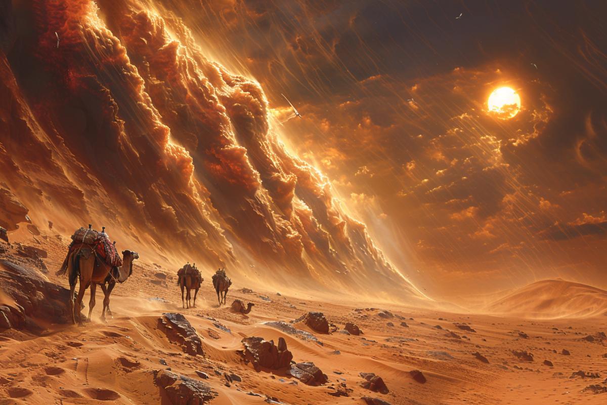 A strong hot wind, a desert, against the backdrop of a darkened sky and a darkened sun, a sand tornado, huge pillars of sand cover up everything that comes in the way, camels lie with their heads hidden in the sand, camel shoulder straps covering their heads and faces are hidden behind the camels, sand tornadoes bring death to everything