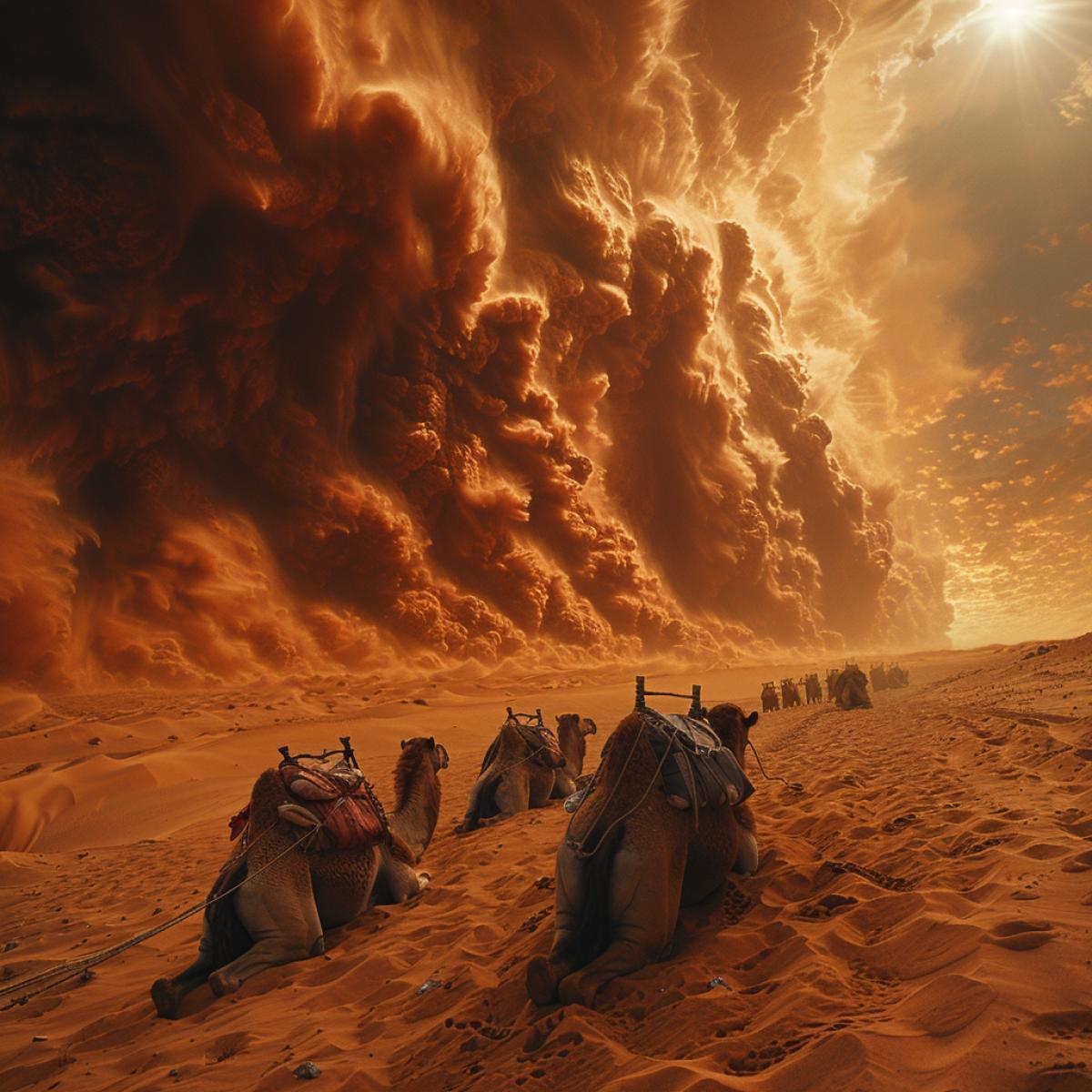 A strong hot wind, a desert, against the backdrop of a darkened sky and a darkened sun, a sand tornado, huge pillars of sand cover up everything that comes in the way, camels lie with their heads hidden in the sand, camel shoulder straps covering their heads and faces are hidden behind the camels, sand tornadoes bring death to everything
