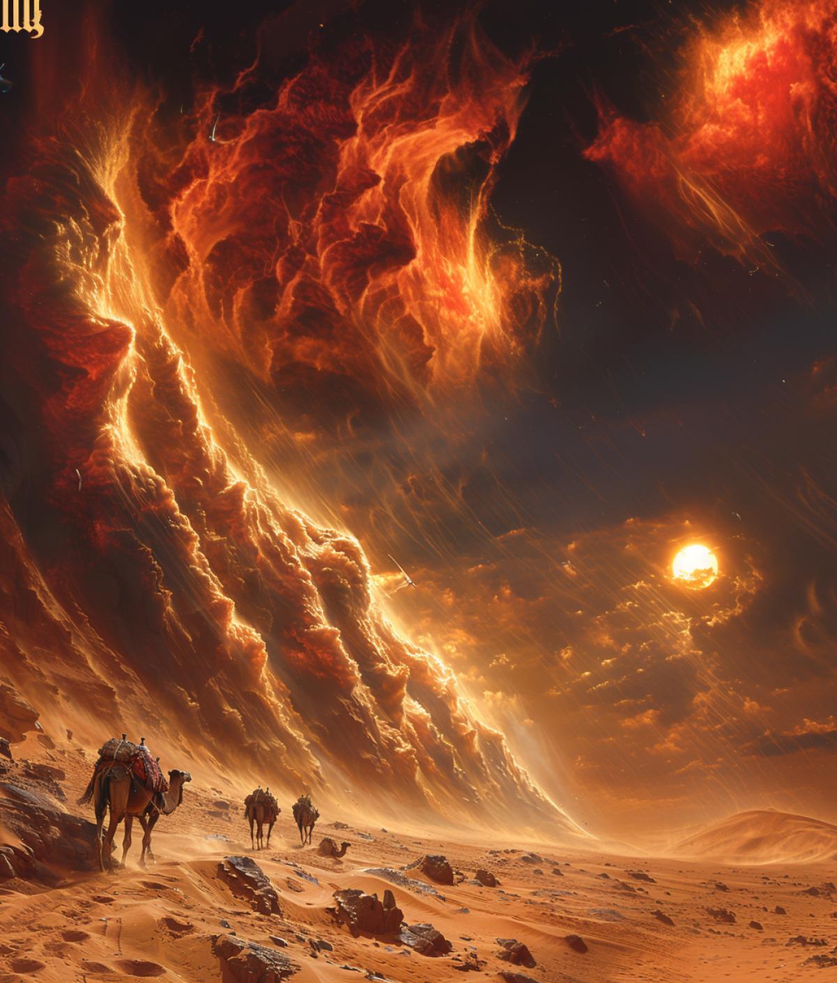 A strong hot wind, a desert, against the backdrop of a darkened sky and a darkened sun, a sand tornado, huge pillars of sand cover up everything that comes in the way, camels lie with their heads hidden in the sand, camel shoulder straps covering their heads and faces are hidden behind the camels, sand tornadoes bring death to everything