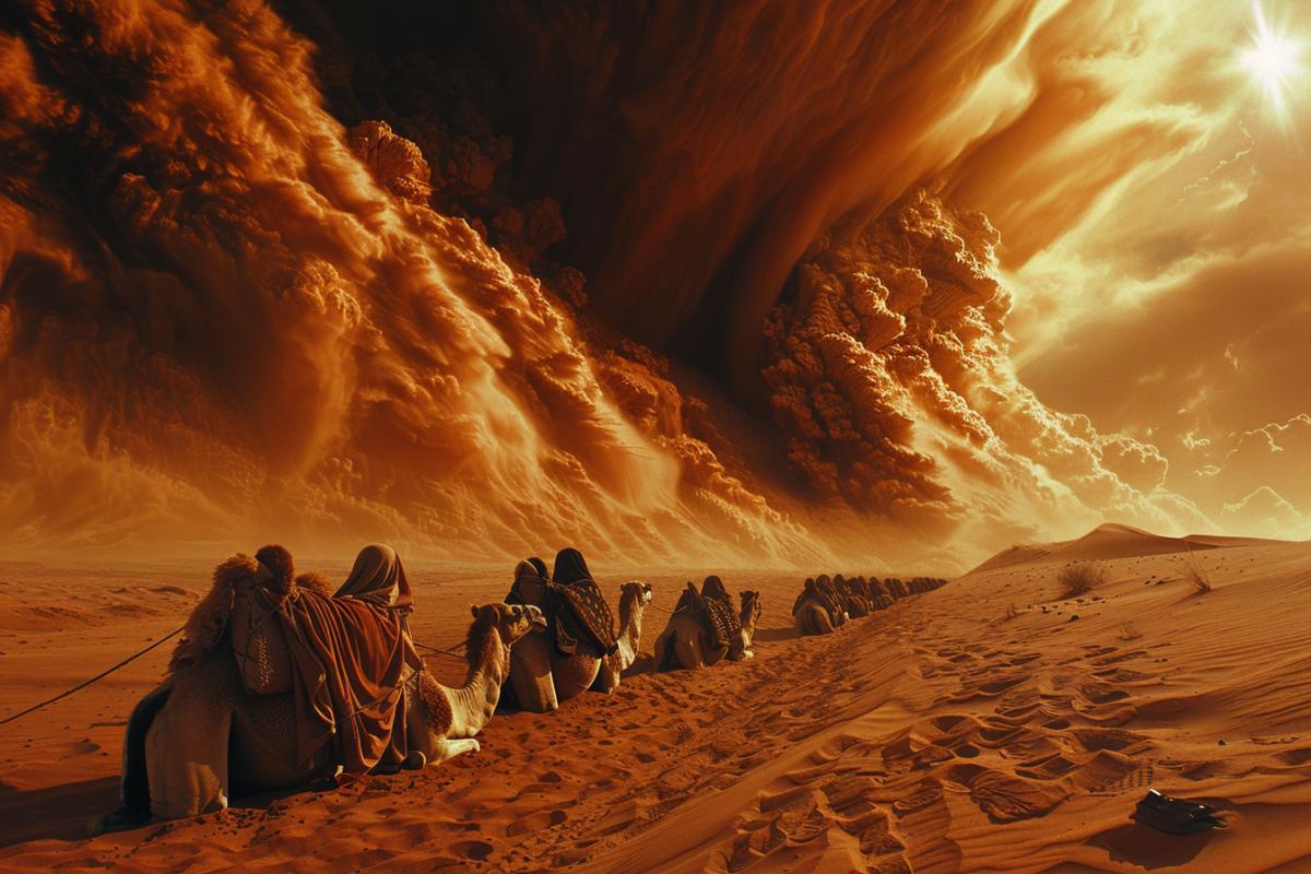 A strong hot wind, a desert, against the backdrop of a darkened sky and a darkened sun, a sand tornado, huge pillars of sand cover up everything that comes in the way, camels lie with their heads hidden in the sand, camel shoulder straps covering their heads and faces are hidden behind the camels, sand tornadoes bring death to everything