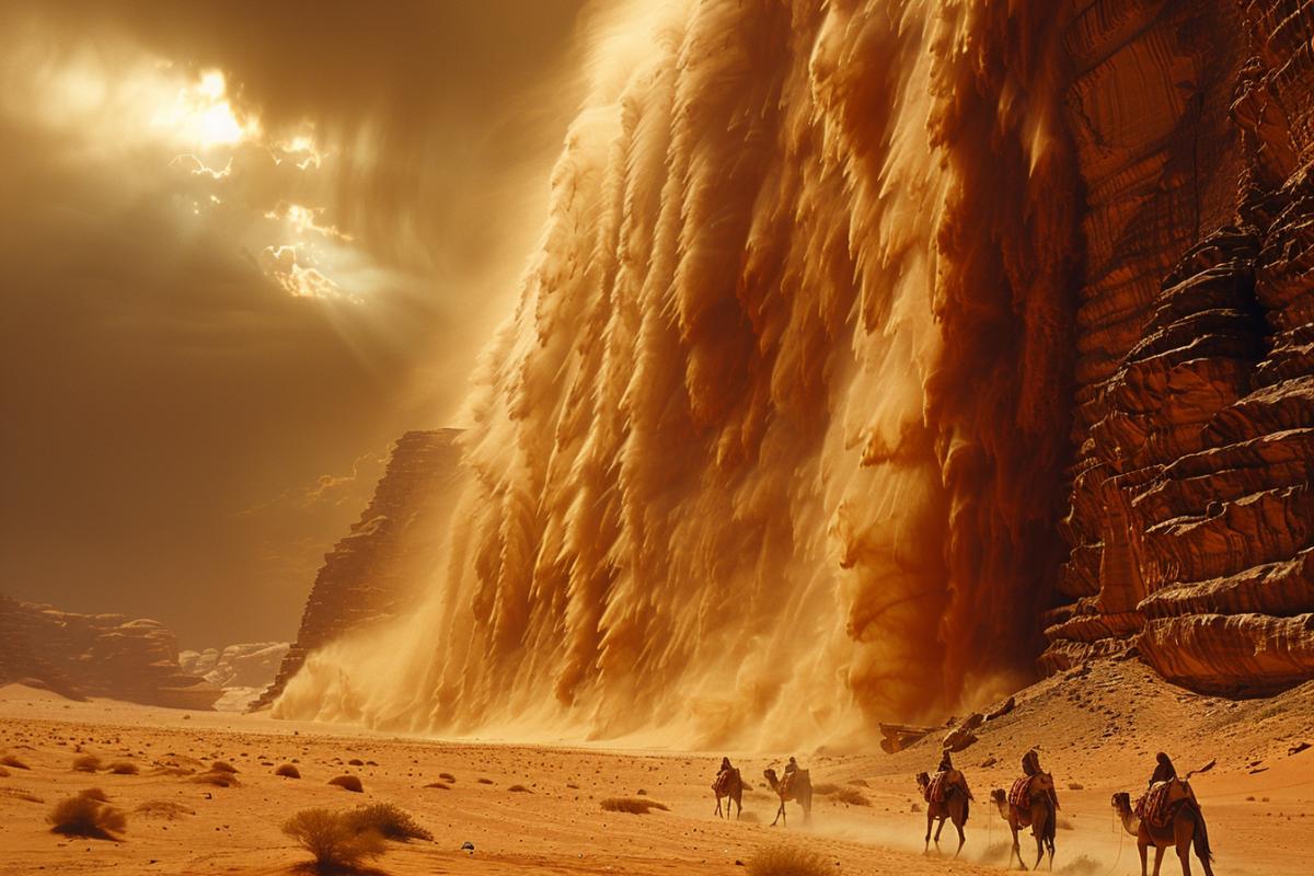 A strong hot wind, a desert, against the backdrop of a darkened sky and a darkened sun, a sand tornado, huge pillars of sand cover up everything that comes in the way, camels lie with their heads hidden in the sand, camel shoulder straps covering their heads and faces are hidden behind the camels, sand tornadoes bring death to everything