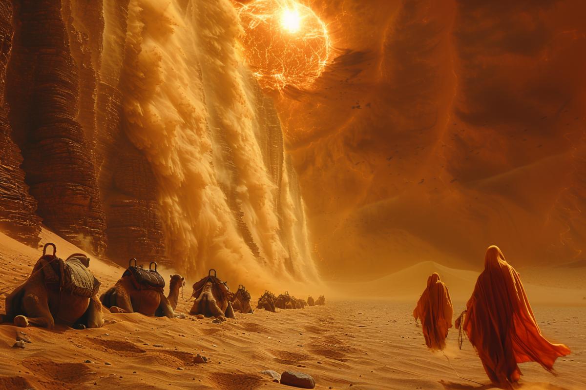A strong hot wind, a desert, against the backdrop of a darkened sky and a darkened sun, a sand tornado, huge pillars of sand cover up everything that comes in the way, camels lie with their heads hidden in the sand, camel shoulder straps covering their heads and faces are hidden behind the camels, sand tornadoes bring death to everything