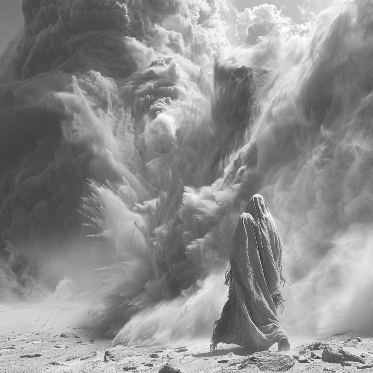 Desert, Bidouin, covering his head with his face like Arafatka, walks with difficulty against the strong poisonous wind of Samum. The sky has turned dark, the sun is covered with dark clouds, a huge sand tornado is heading towards Bidouin, a sandstorm is approaching
