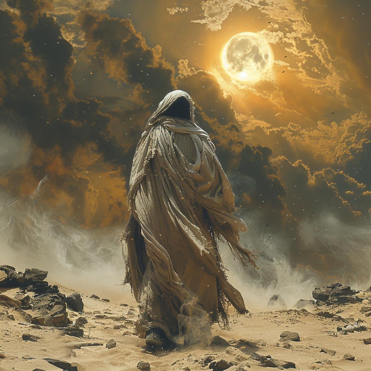 Desert, Bidouin, covering his head with his face like Arafatka, walks with difficulty against the strong poisonous wind of Samum. The sky has turned dark, the sun is covered with dark clouds, a huge sand tornado is heading towards Bidouin, a sandstorm is approaching