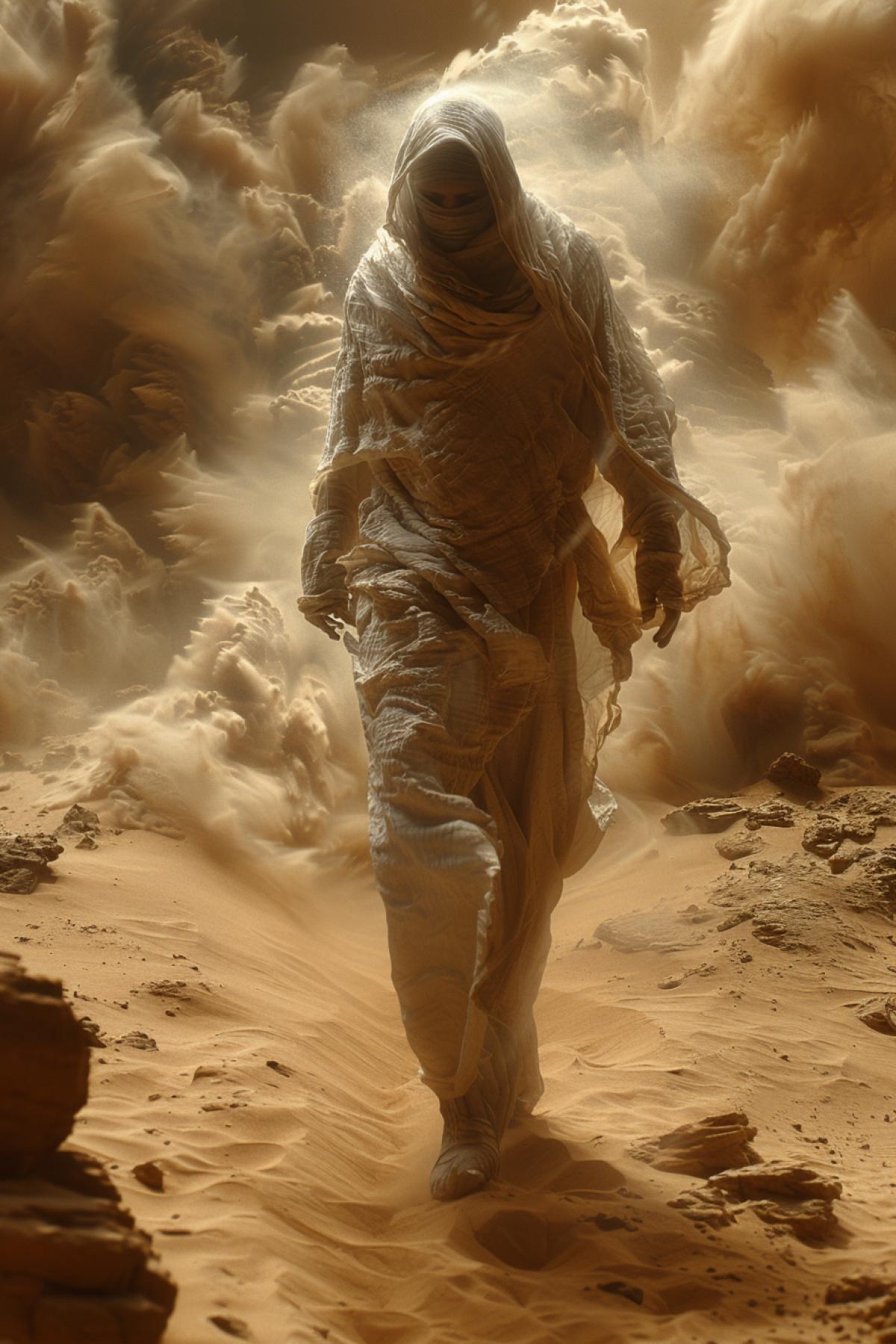 Desert, Bidouin, covering his head with his face like Arafatka, walks with difficulty against the strong poisonous wind of Samum. The sky has turned dark, the sun is covered with dark clouds, a huge sand tornado is heading towards Bidouin, a sandstorm is approaching