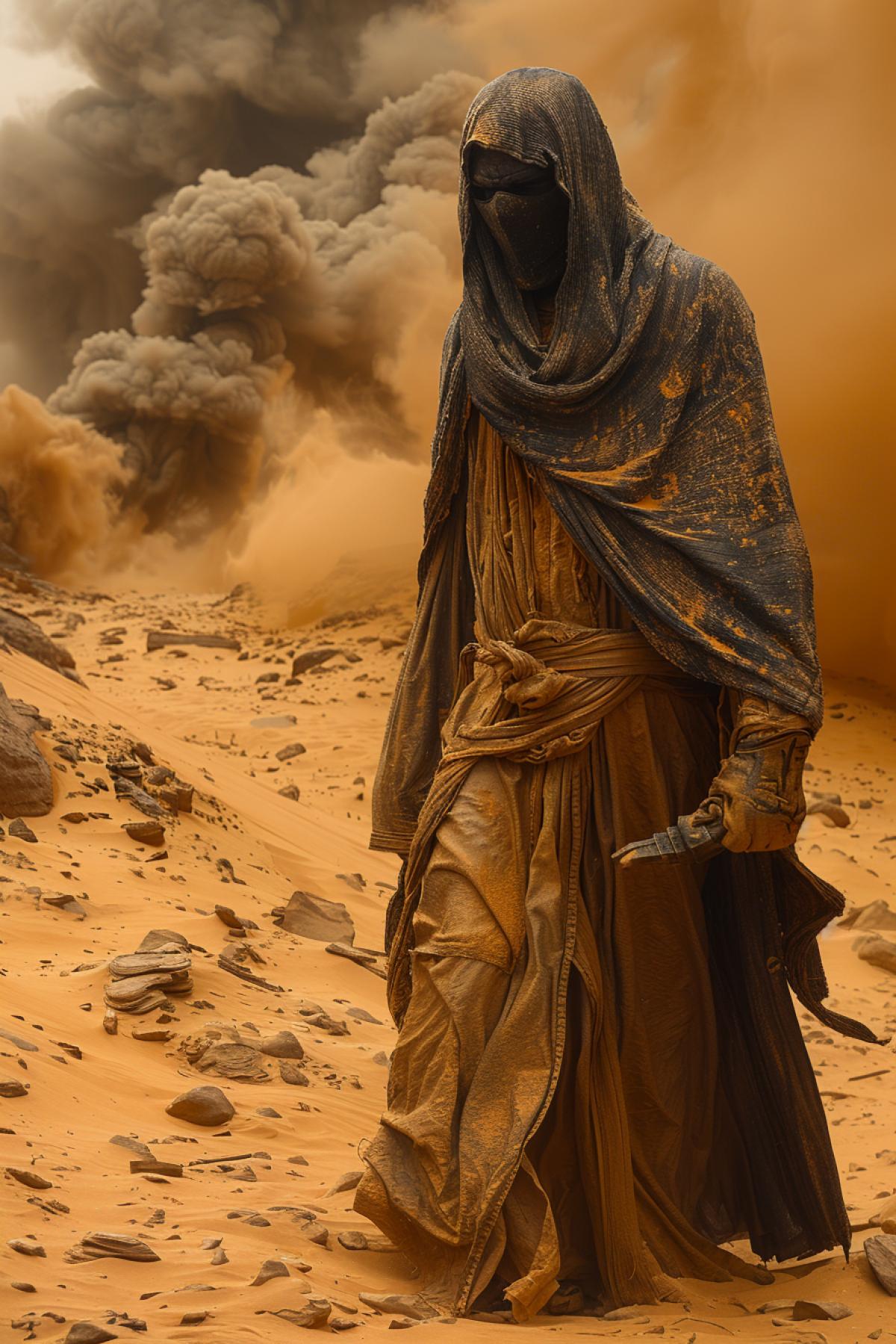 Desert, Bidouin, covering his head with his face like Arafatka, walks with difficulty against the strong poisonous wind of Samum. The sky has turned dark, the sun is covered with dark clouds, a huge sand tornado is heading towards Bidouin, a sandstorm is approaching