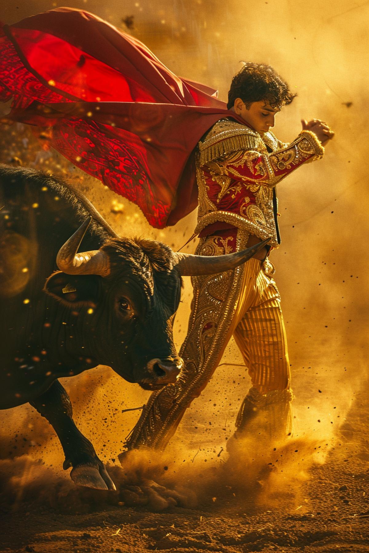 1️⃣ Toreador in a bright suit with gold embroidery, waving a red cape in front of a powerful dark bull in the arena, dust rises from their movements, in the stands people froze in anticipation, tension and grace in every movement, golden rays of the sun falling on the arena, textures of sand and fabrics , emotional tension and drama.