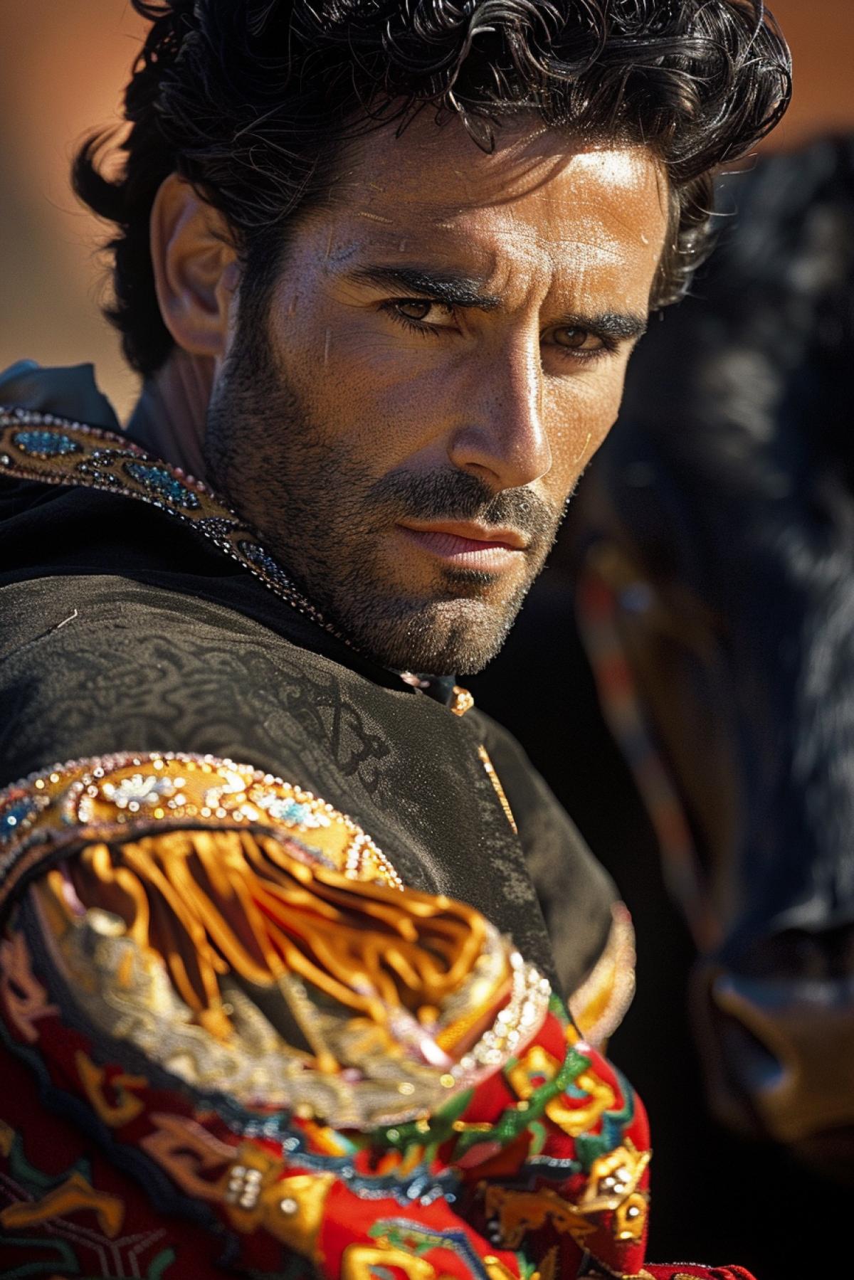 3️⃣ Close-up of a bullfighter with a serious expression on his face, his costume is decorated with bright patterns, in his hands is a cloak and sword, a blurred bull is visible behind him, the arena is illuminated by golden rays of the sun, textures of fabric and metal, dramatic lighting emphasizes his facial expression, an atmosphere of determination and anticipation.