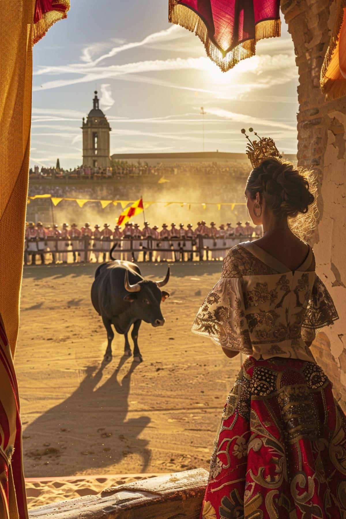 4️⃣ View from the stands of the bullfighting arena, where a bullfighter and a bull are preparing for a fight, spectators in traditional Spanish costumes are watching with delight, flags and decorations create a festive atmosphere, bright sun rays fall on the arena, textures of sand and fabrics, a feeling of exciting and tense moment.
