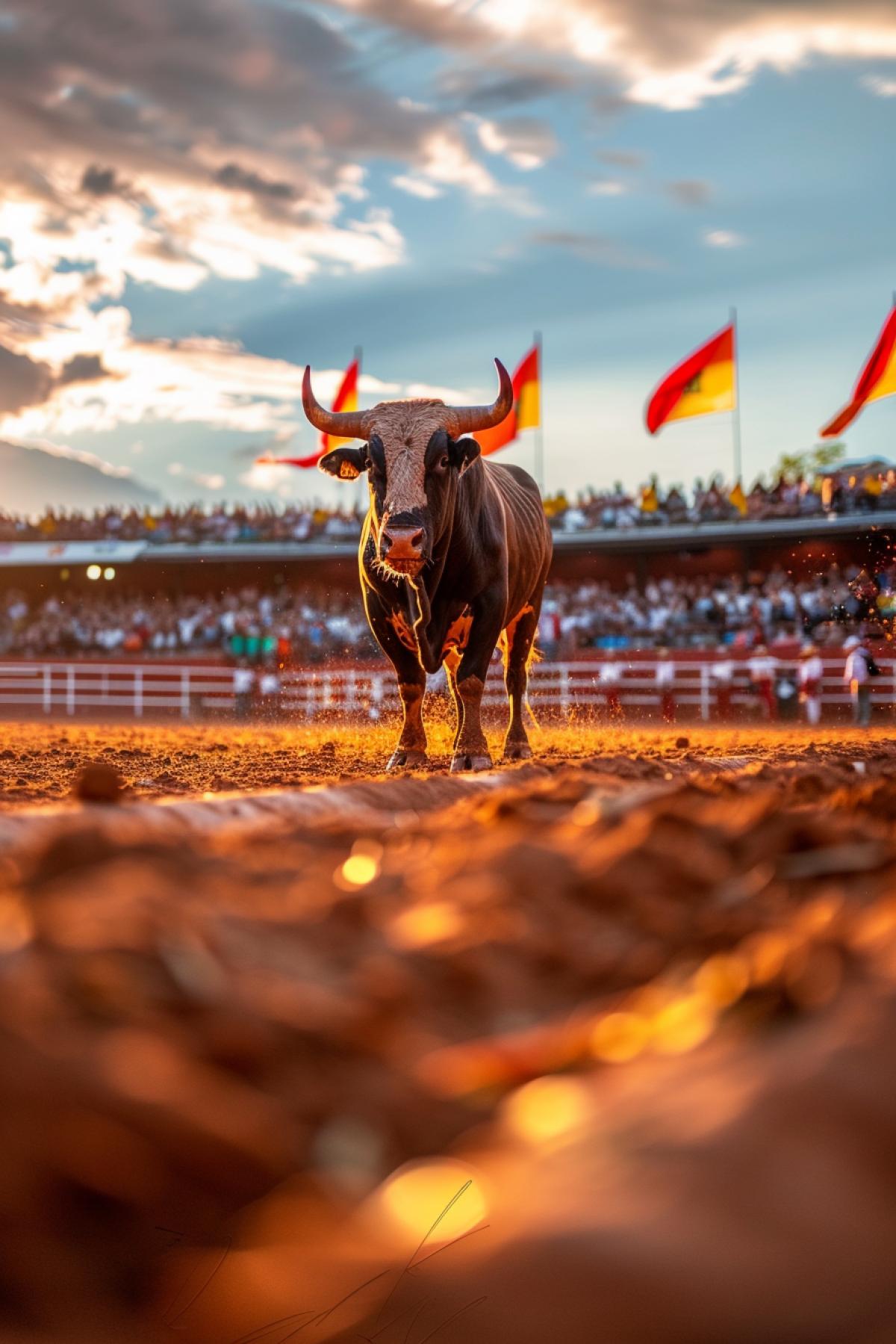 2️⃣ The moment before the start of the bullfight, the bull stands in the center of the arena, his muscles tense, there is a crowd of spectators in traditional Spanish costumes around the arena, colored flags flutter in the wind, a bullfighter in the background is preparing to perform, the lighting creates a bright contrast between light and shadow, wood textures and sand, anticipation and solemnity of the moment.