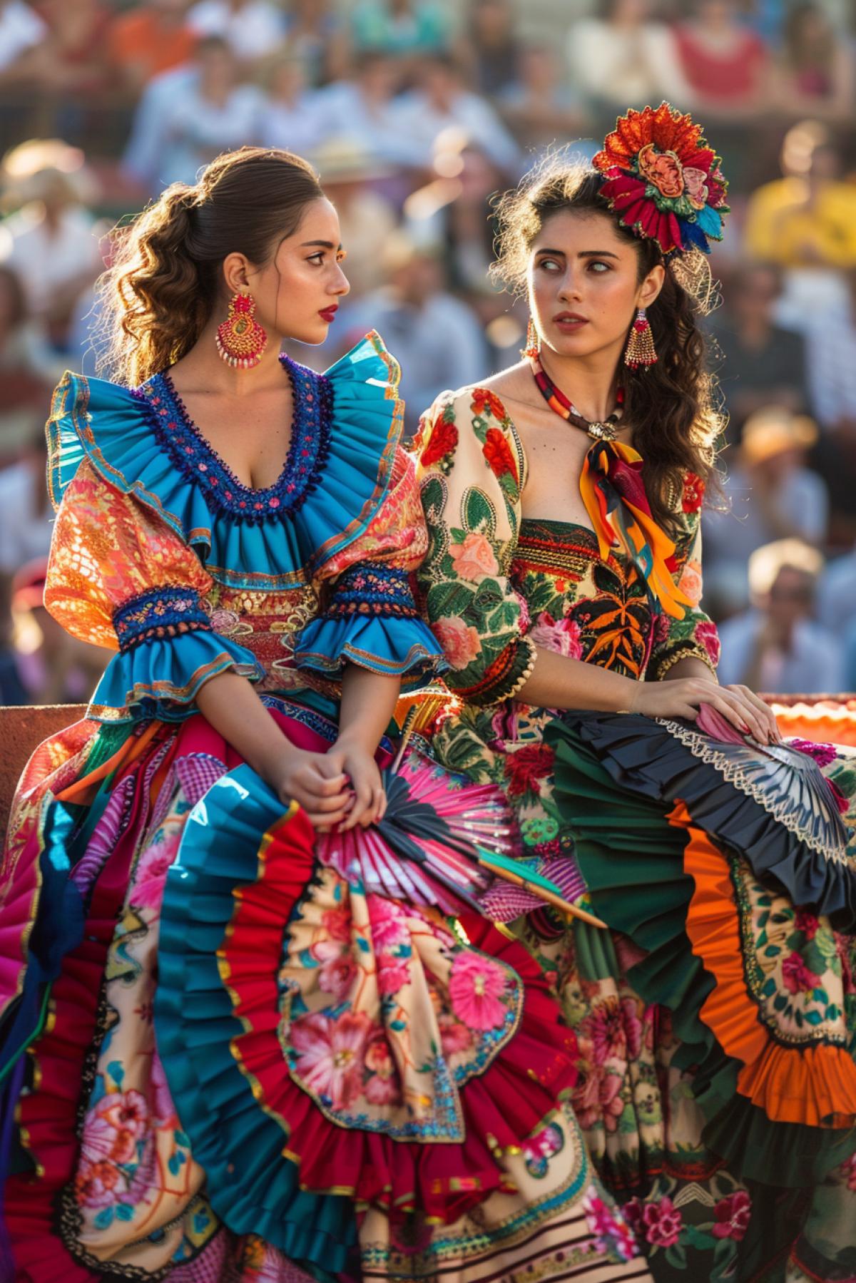 1️⃣ Two Spanish women in bright traditional flamenco dresses, sitting in the stands of the arena, emotionally discuss what is happening in the bullfight, there are spectators around them, the women have fans in their hands, the suns rays illuminate their faces, the textures of fabrics and decorations, the atmosphere of delight and expectation.