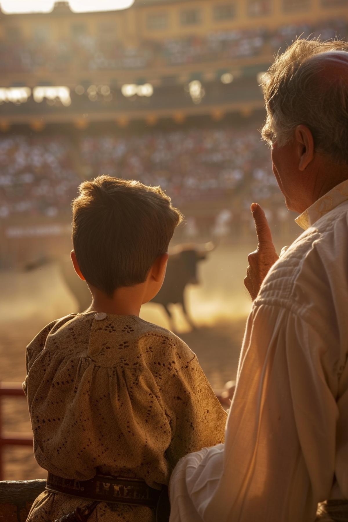 A boy in traditional Spanish clothing, standing in the stands of a bullfighting arena, watches with delight the fight between a bull and a bullfighter, the scene in the arena is reflected in his eyes, next to him his father points out what is happening, the suns rays illuminate their faces, the texture of clothes and stands, feeling admiration and pride.