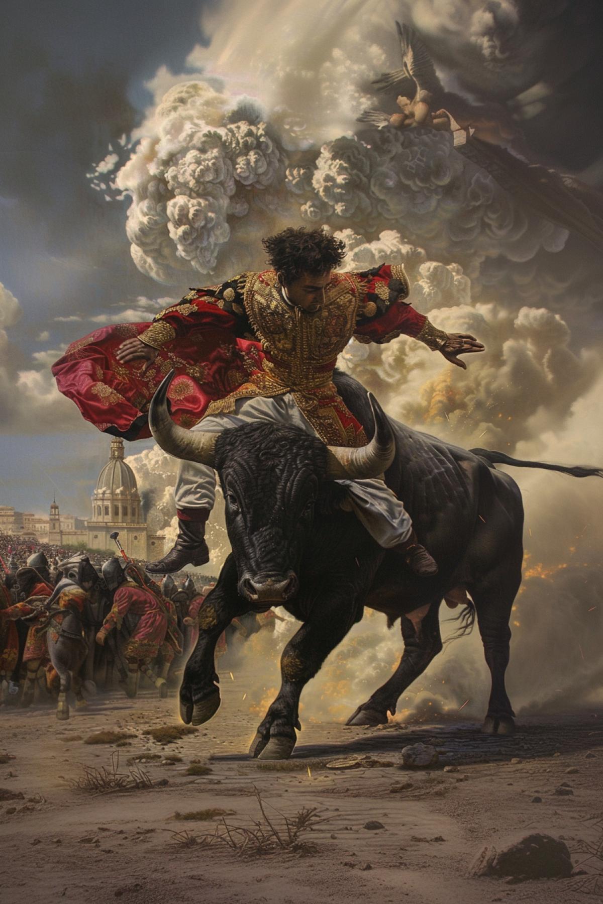 Bullfighting, parallel world, flickering, mysticism, realistic image,
