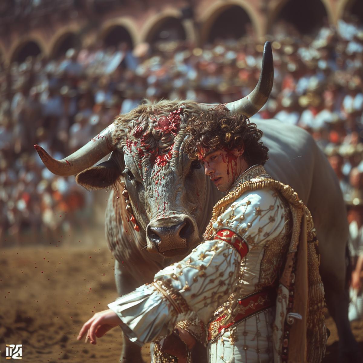 Deadly game with bull. The spectators freeze when the matador, a handsome man of 37 years old with an athletic build, enters the arena. The matador’s movements are polished and graceful, his cloak is full of slits from sharp horns received in past fights. The matador calls out a voice, calls out, teases the bull, the bull lowers its head, digs the sand of the arena and runs at the matador. The bulls is covered in red liquid, the scruff of the neck is covered in multi-colored darts and spades. The bull is trying to hit the matador. The audience held their breath as the huge animal carried its horns within a millimeter of the matador. The matador dodges the bulls rags, but there are places of injury on the matadors clothes, and red liquid appears. The matador laughs, the audience rejoices, another dart pierces the beast’s scruff, and finally, the decisive blow the bull falls backwards and dies . Bright colors,. Aperture f/8, shutter speed 1/500, ISO100, white balance automatically