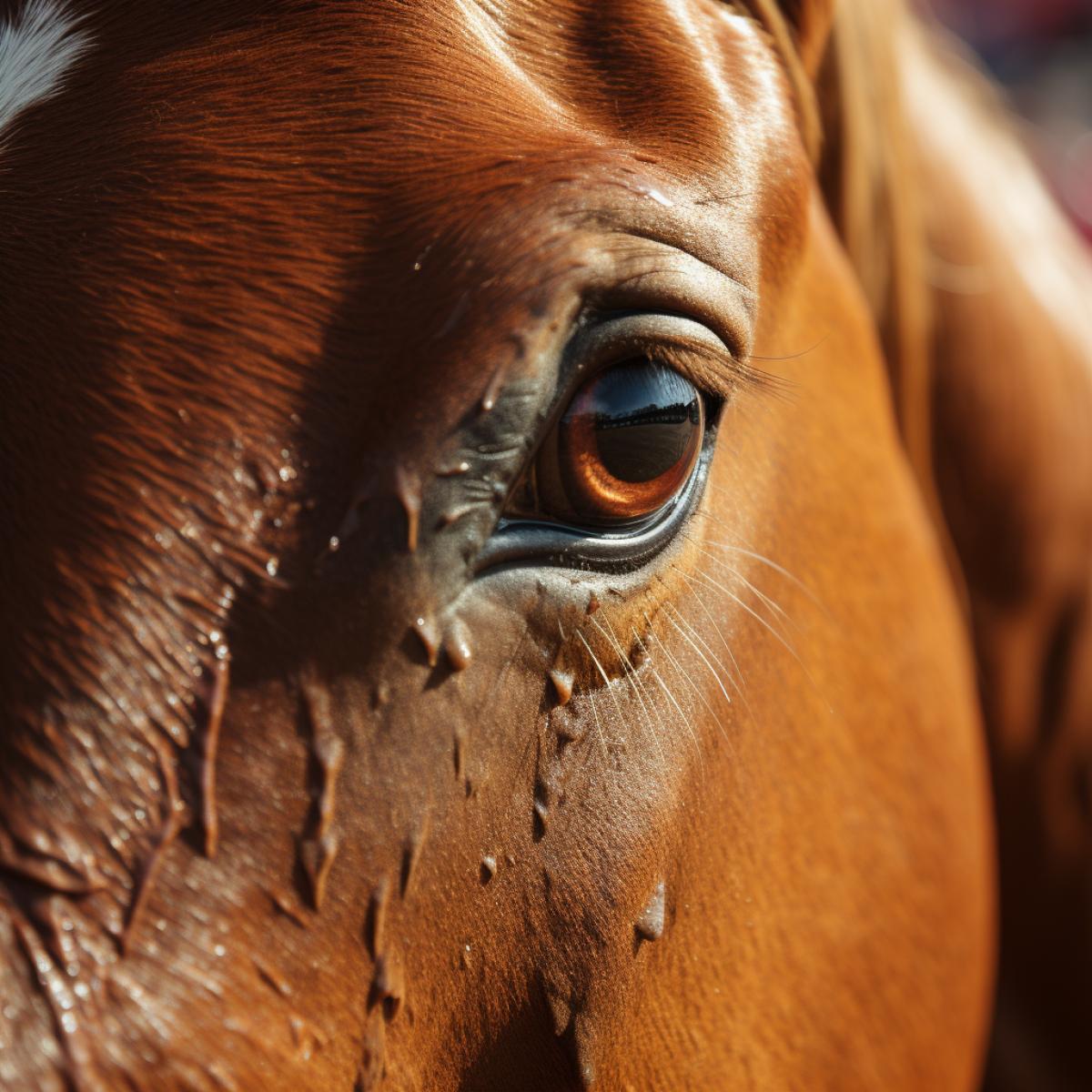 Super close-up. The eye of a bull in a bullfight. Reflection of screaming spectators in the stands, yellow sand of the arena, red cloak of a bullfighter.