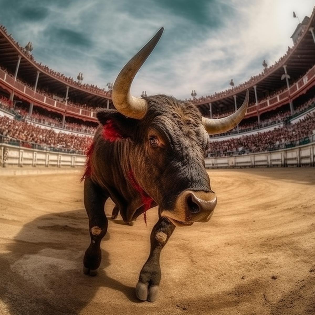 Bullfight. Drama, dynamics, unusual angle, shooting from the ground line. red, dark and gold. Powerful emotions. Screaming spectators in the stands. Rage of the Bulls. The courage of the bullfighter.