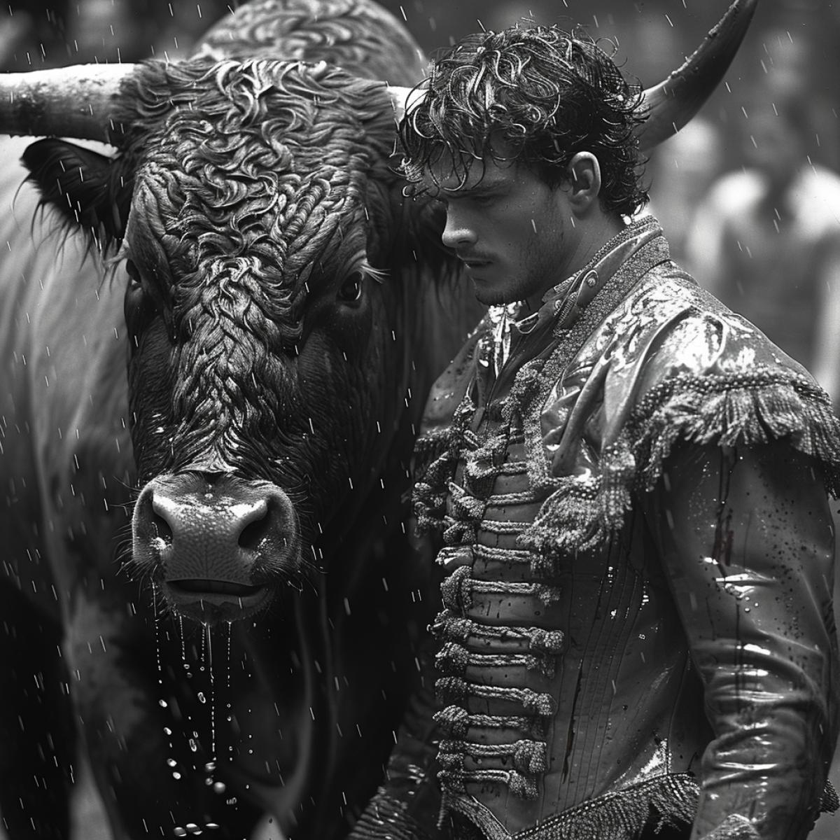 Deadly game with bull. The spectators freeze when the matador, a handsome man of 37 years old with an athletic build, enters the arena. The matador’s movements are polished and graceful, his cloak is full of slits from sharp horns received in past fights. The matador calls out a voice, calls out, teases the bull, the bull lowers its head, digs the sand of the arena and runs at the matador. The bulls is covered in red liquid, the scruff of the neck is covered in multi-colored darts and spades. The bull is trying to hit the matador. The audience held their breath as the huge animal carried its horns within a millimeter of the matador. The matador dodges the bulls rags, but there are places of injury on the matadors clothes, and red liquid appears. The matador laughs, the audience rejoices, another dart pierces the beast’s scruff, and finally, the decisive blow the bull falls backwards and dies . Bright colors,. Aperture f/8, shutter speed 1/500, ISO100, white balance automatically