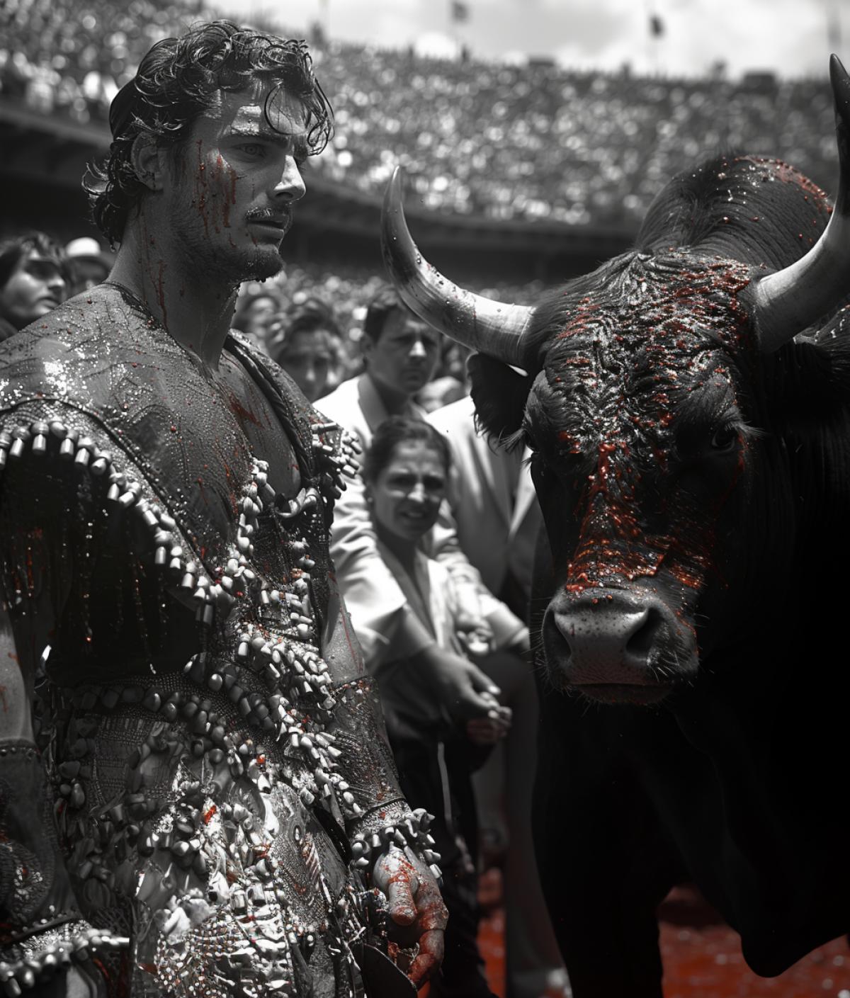 Deadly game with bull. The spectators freeze when the matador, a handsome man of 37 years old with an athletic build, enters the arena. The matador’s movements are polished and graceful, his cloak is full of slits from sharp horns received in past fights. The matador calls out a voice, calls out, teases the bull, the bull lowers its head, digs the sand of the arena and runs at the matador. The bulls is covered in red liquid, the scruff of the neck is covered in multi-colored darts and spades. The bull is trying to hit the matador. The audience held their breath as the huge animal carried its horns within a millimeter of the matador. The matador dodges the bulls rags, but there are places of injury on the matadors clothes, and red liquid appears. The matador laughs, the audience rejoices, another dart pierces the beast’s scruff, and finally, the decisive blow the bull falls backwards and dies . Bright colors,. Aperture f/8, shutter speed 1/500, ISO100, white balance automatically