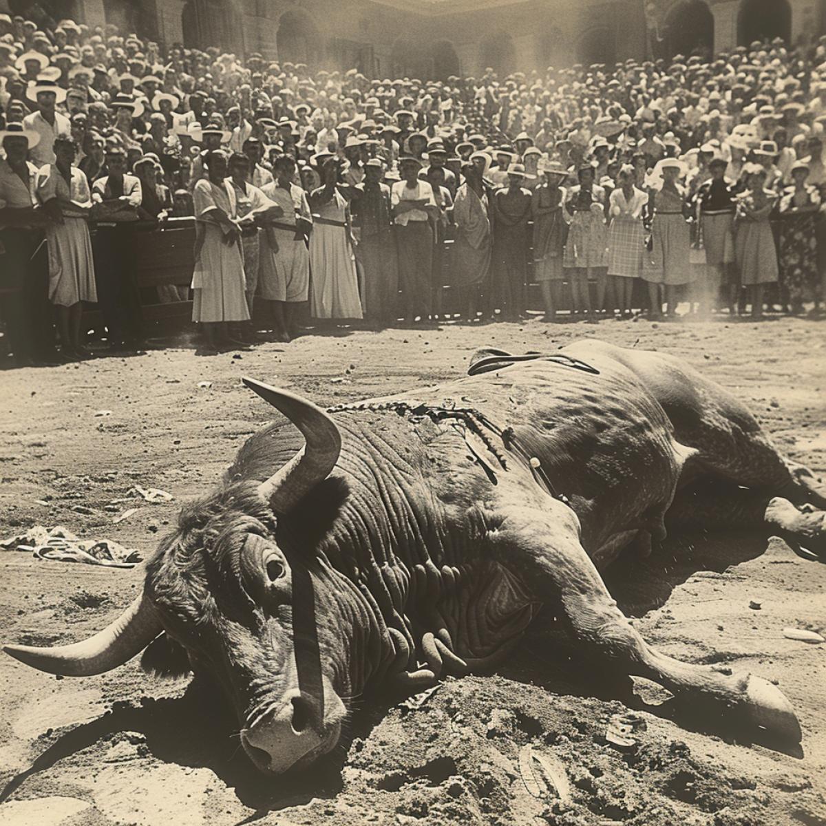 The hot Spanish sun, the arena, the stands are full, the people are rejoicing, in the arena a huge ed dark bull throws up a bullfighter, a dead red liquid matador lies on the sand
