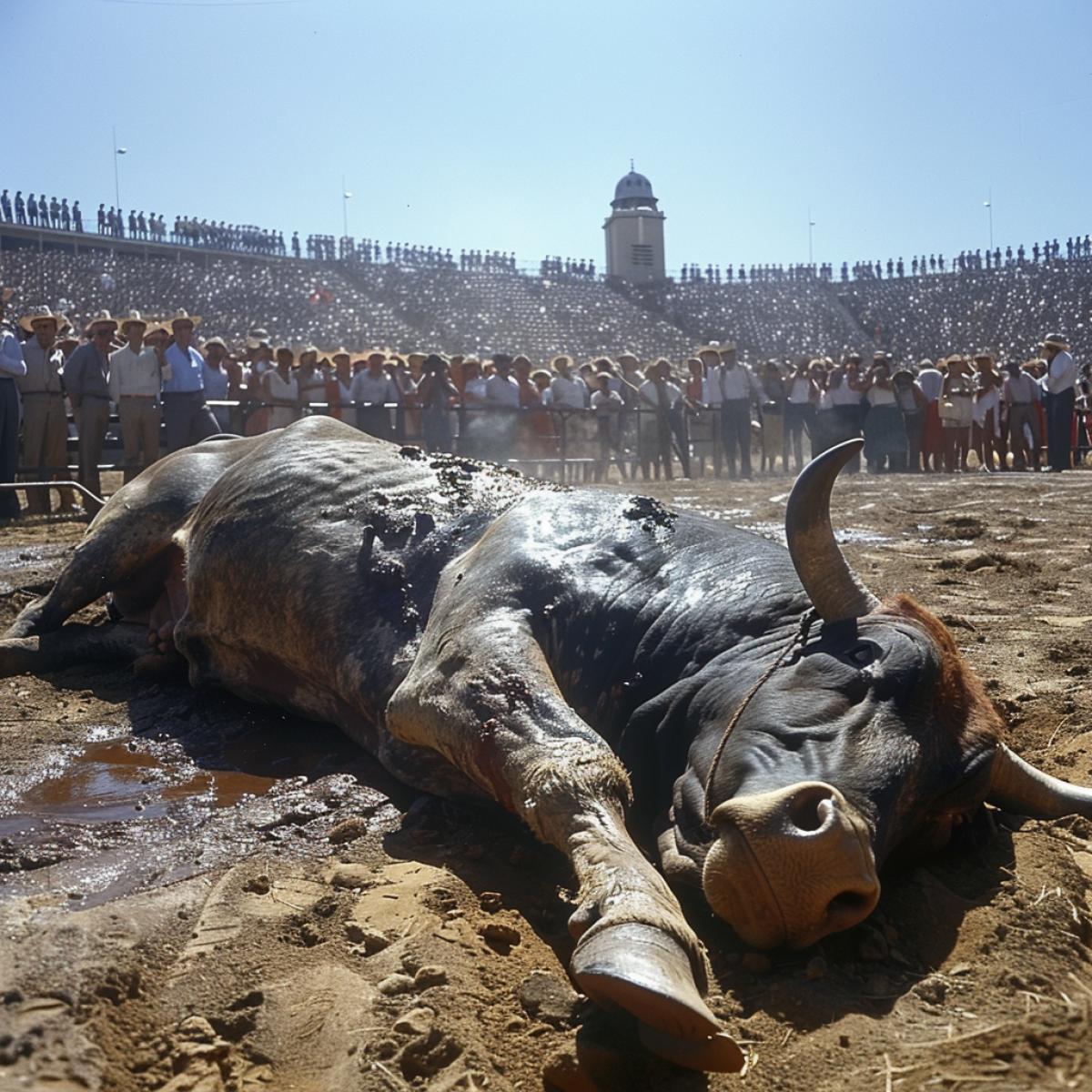The hot Spanish sun, the arena, the stands are full, the people are rejoicing, in the arena a huge ed dark bull throws up a bullfighter, a dead red liquid matador lies on the sand