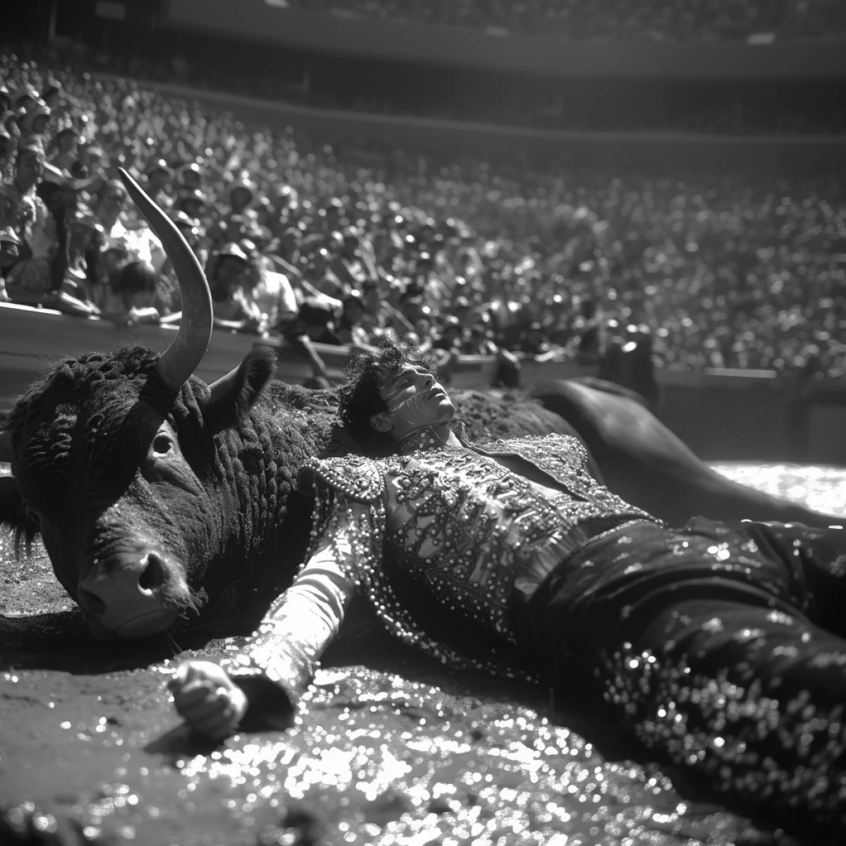 A dead matador lies in the arena after a fight with a bull