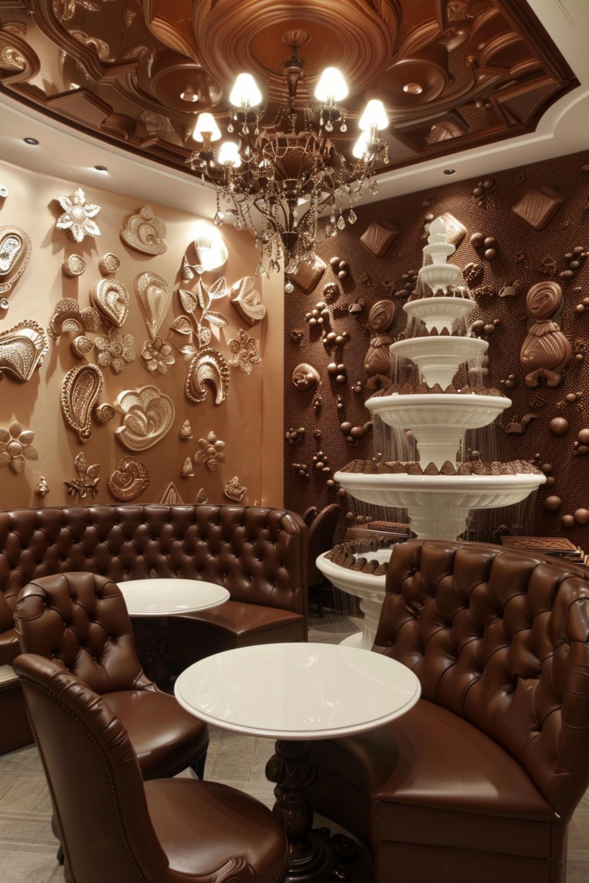 Fantasy interior of a chocolate cafe, all items are made of different types of chocolate: tables and chairs are made of dark chocolate, the walls are decorated with relief patterns of white and milk chocolate, lighting gives the room a warm and cozy look, a chocolate fountain in the center of the room.