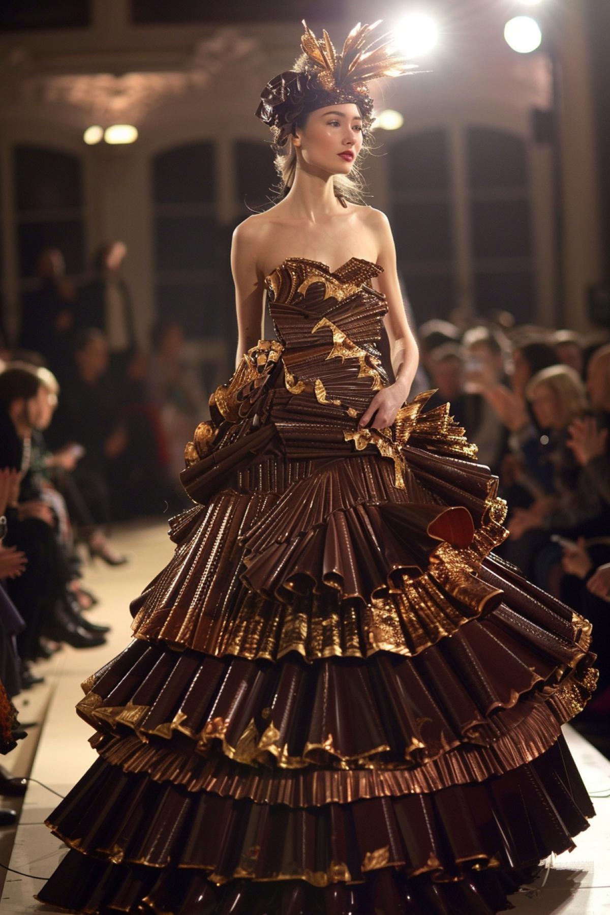 A delightful dress made of chocolate, on a model on the catwalk of a fashion show, every detail of the outfit is made of thin chocolate plates and decorated with edible gold elements, the bright spotlights highlight the gloss of the chocolate, the audience is delighted, enthusiastic faces and applause.