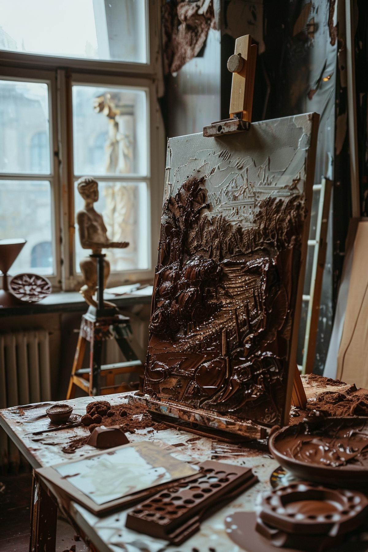 An artists workshop, where all the paintings and tools are made of chocolate, on an easel there is a completed chocolate painting depicting a classic landscape, a palette with different types of chocolate, in the corner of the room chocolate figyellow waters, soft natural lighting through the window, creating shadows and highlights on the chocolate surfaces.