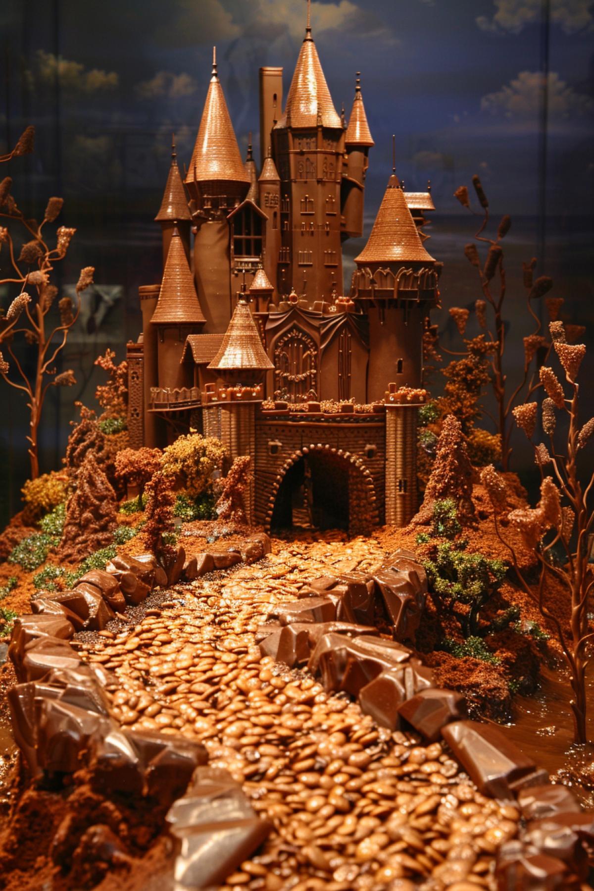 A majestic chocolate castle perched on a hill, surrounded by chocolate trees and bushes, with a dark chocolate bridge leading to the entrance. Evening lighting creates dramatic shadows and highlights the details of the castle, a chocolate stream framed by caramel stones.