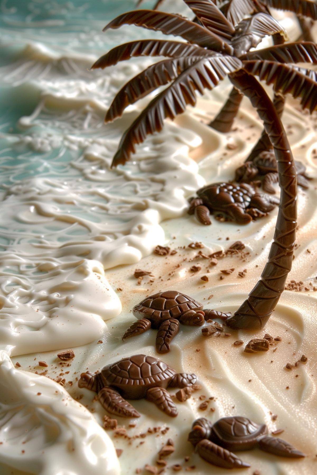 An exotic tropical beach where white chocolate ocean waves crash onto milk chocolate sand, chocolate palm trees lean over the shore, chocolate animals like turtles and crabs play happily in the water, sunlight highlights the textures and shades of the chocolate.
