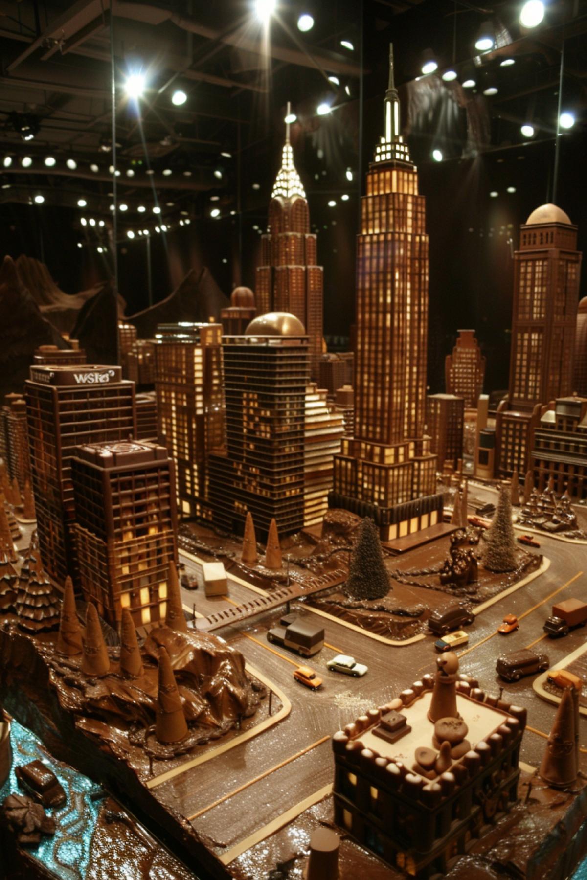 A grandiose cityscape, all buildings and roads are made of different types of chocolate, skyscrapers made of dark chocolate with caramel windows, chocolate cars on the streets, fountains with \"water\" made of white chocolate, night lighting that creates shine and shadows on the facades of buildings.